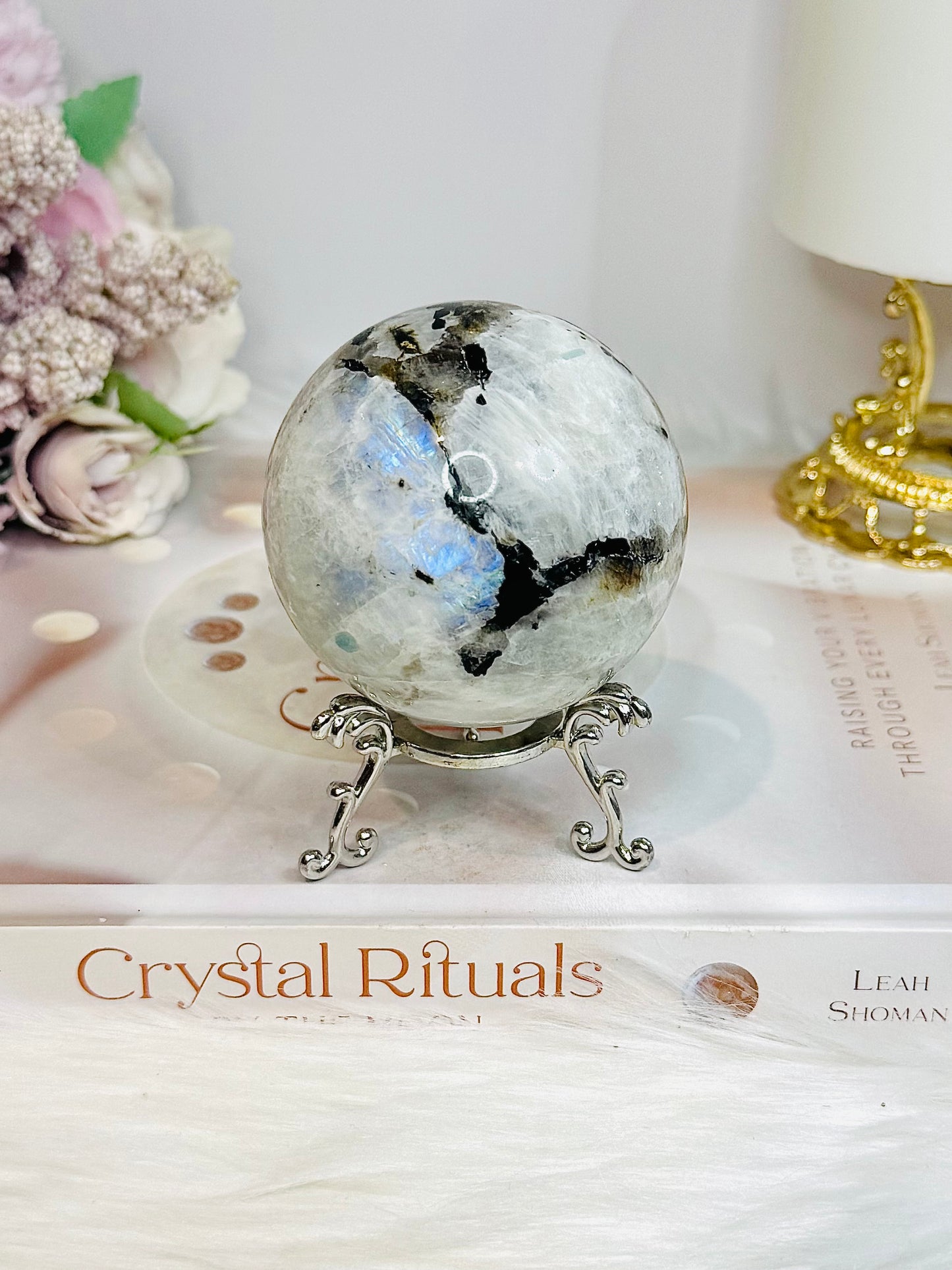 Rainbow Moonstone Sphere on Stand with Blue Flash 337g