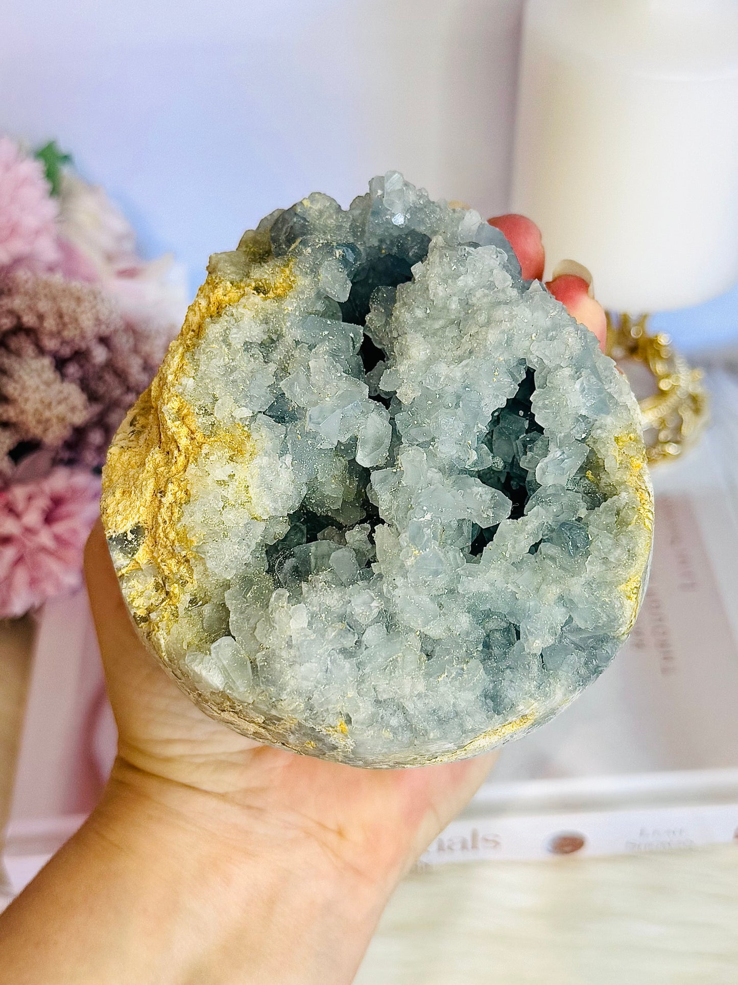 Huge Divine Natural Blue Celestite Druzy Geode | Sphere on Stand 1.65KG