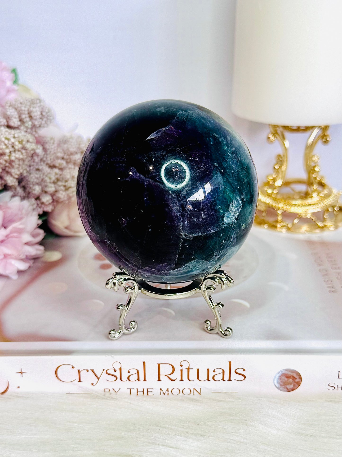 Incredibly Stunning Large 598gram Rainbow Fluorite Sphere On Stand with Amazing Rainbows