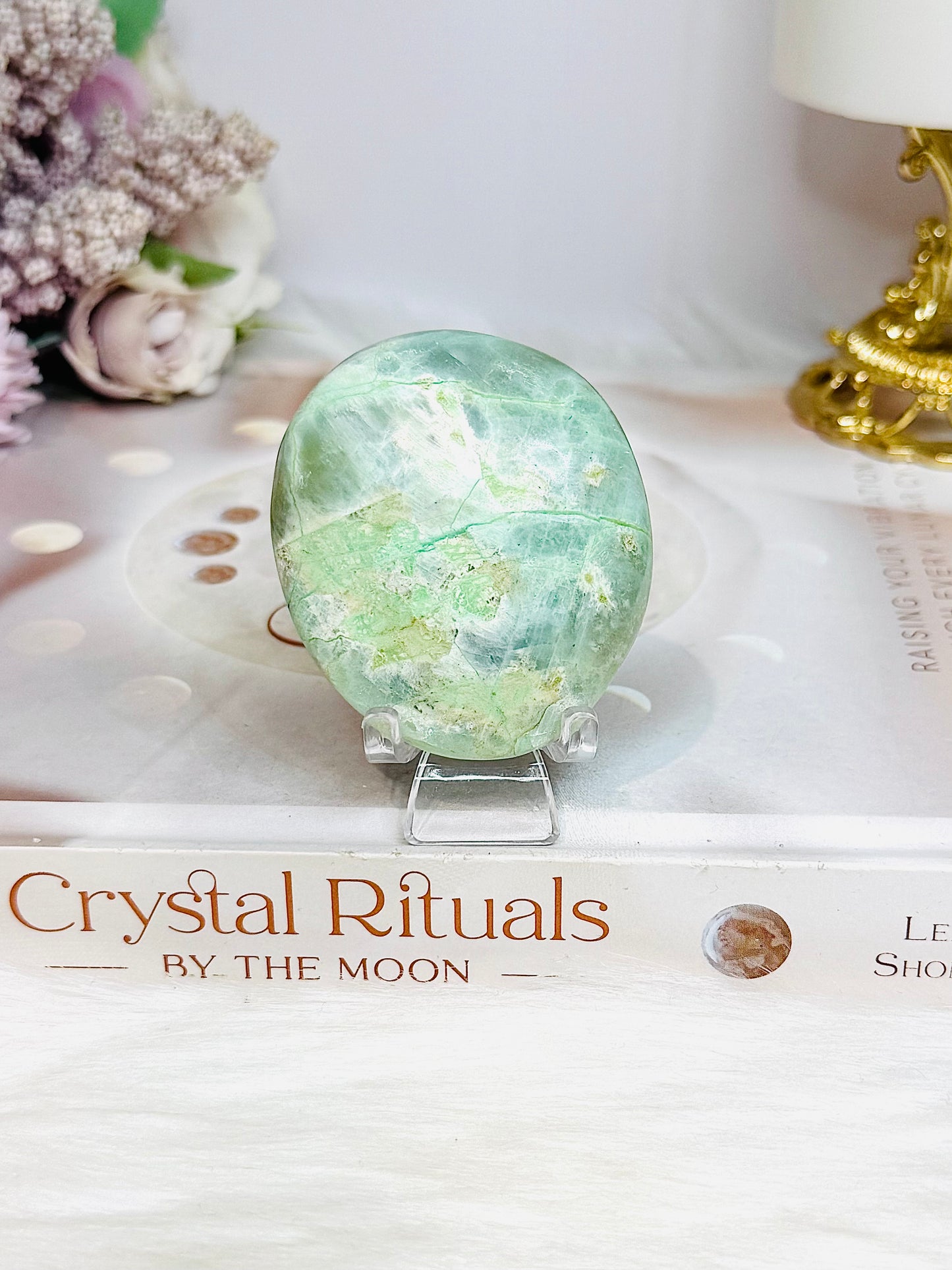 Green Moonstone Palm Stone (stand is display only)