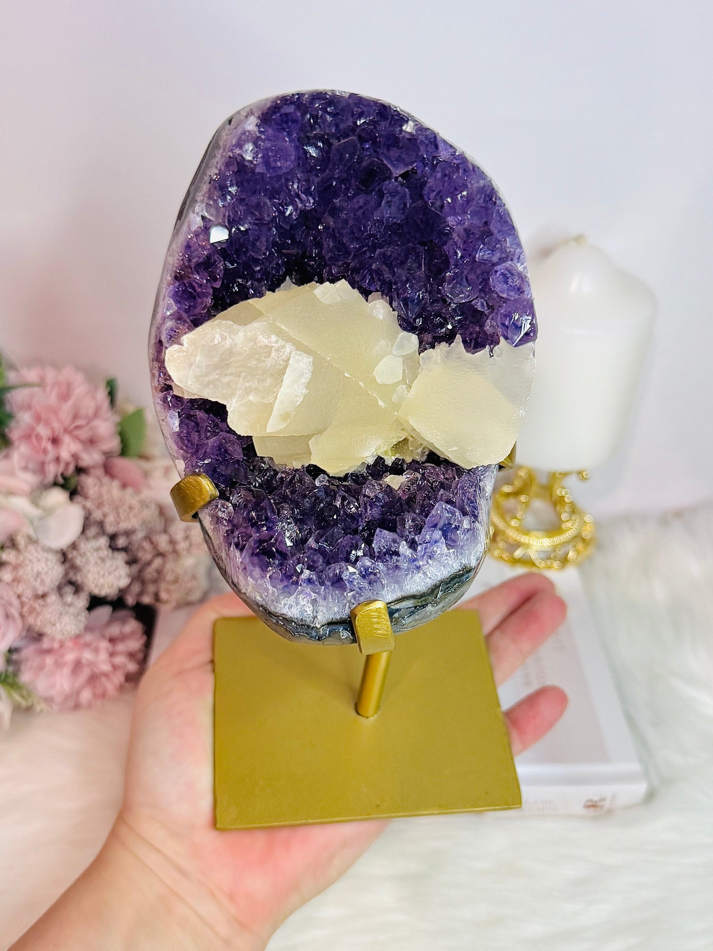 Huge Stunning High Grade Deep Purple Amethyst Cluster with Calcite Inclusion On Gold Stand 21cm 1.5KG