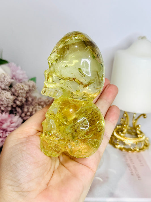 ✨ SALE ✨ High Grade Citrine Carved Skulls with Rainbows 12cm 425g
