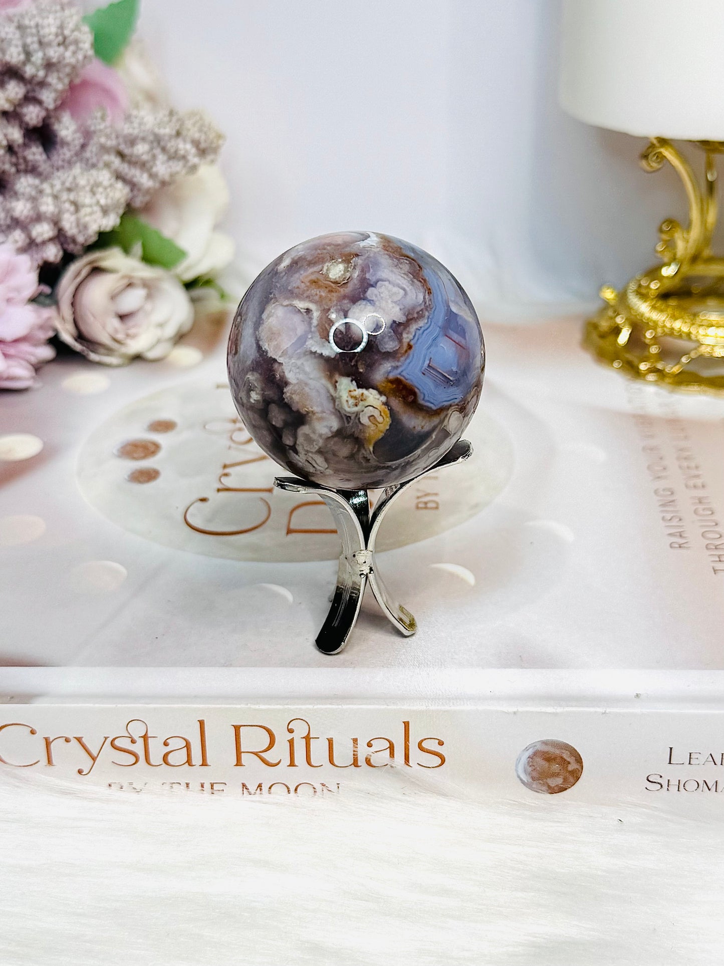 High Grade Blue Flower Agate Sphere on Stand 104g