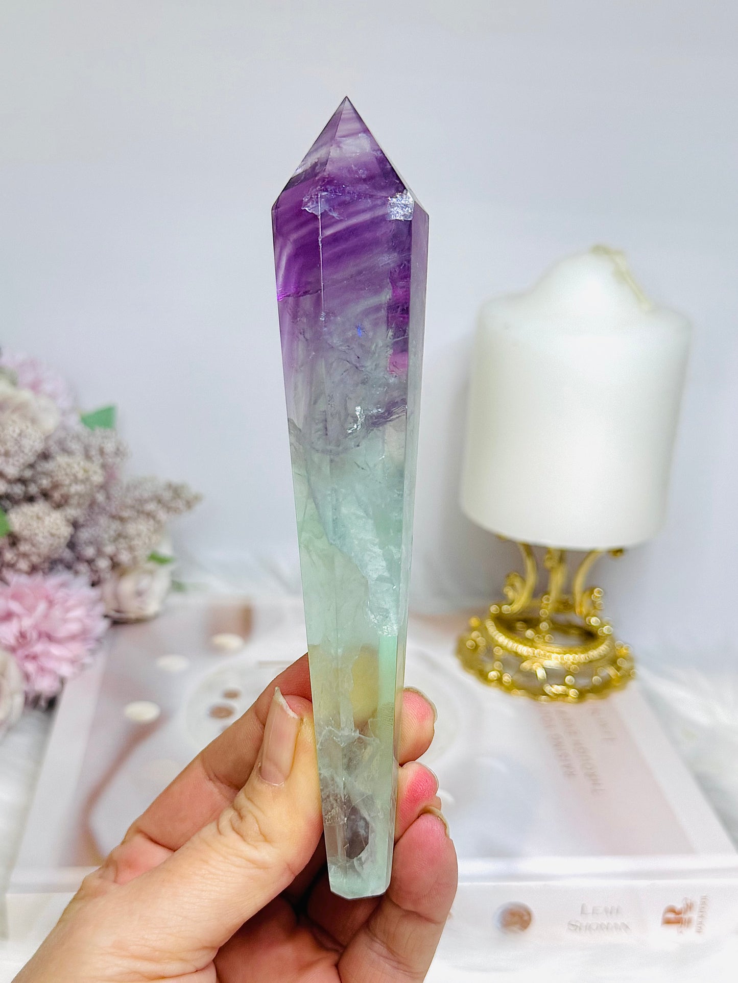 Watermelon Fluorite Tower | Wand with Rainbows 15.5cm