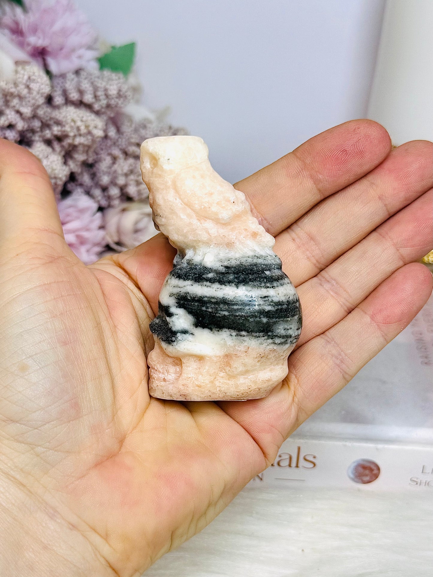 Pink Zebra Jasper Skull with Owl 7.5cm