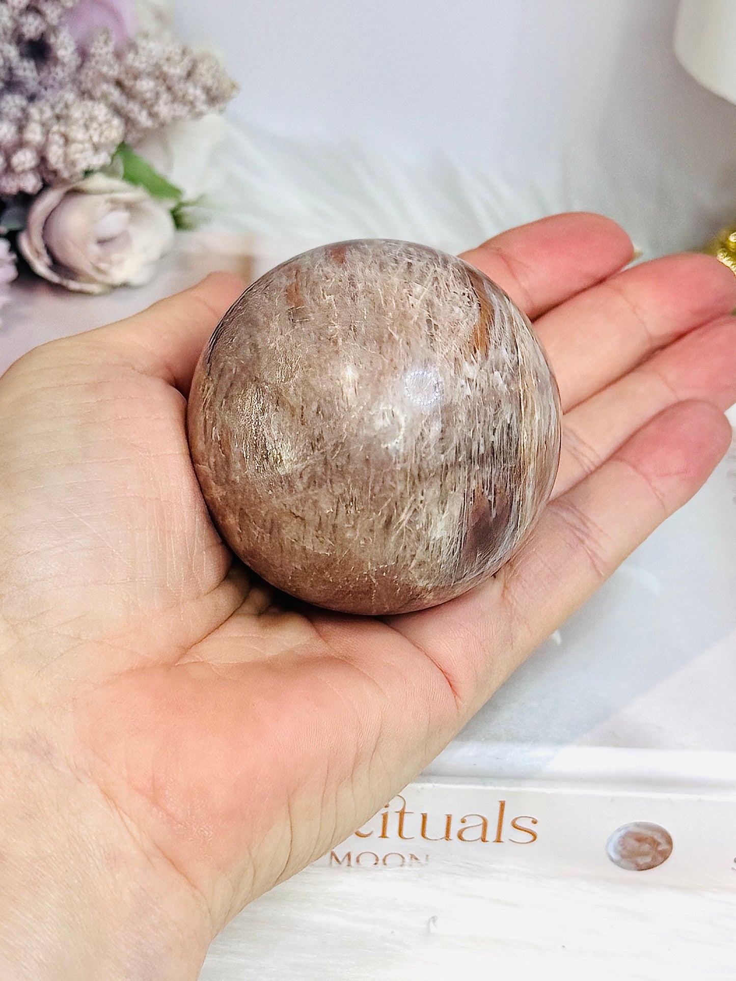 High Grade Moonstone X Sunstone Sphere On Stand 253g