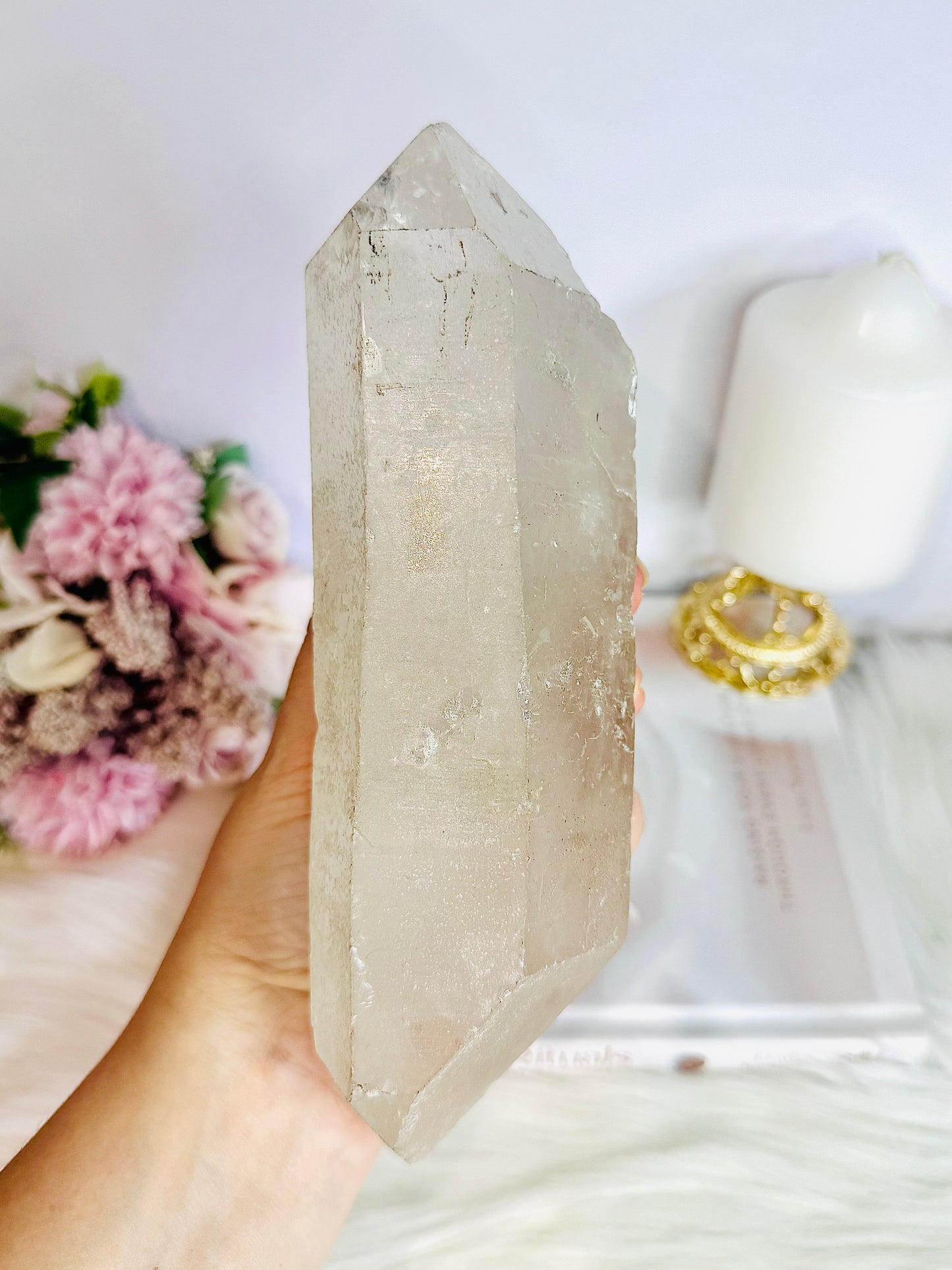 Huge Stunning 1.39KG Natural Lemurian Quartz Chunky Double Terminated Point | Tower On Stand From Brazil