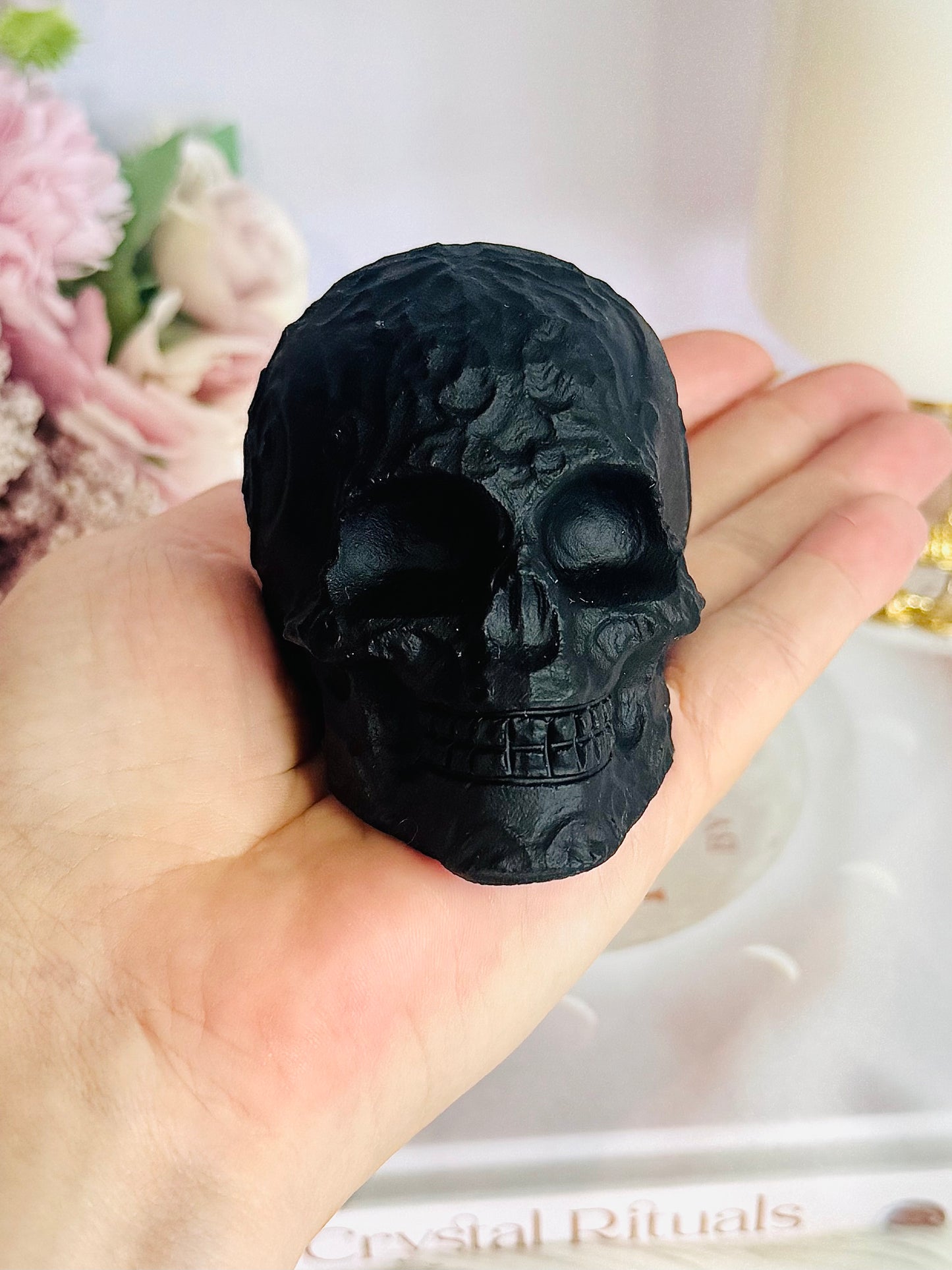 Beautifully Carved Black Tourmaline Skull with a Matt Finish 9cm