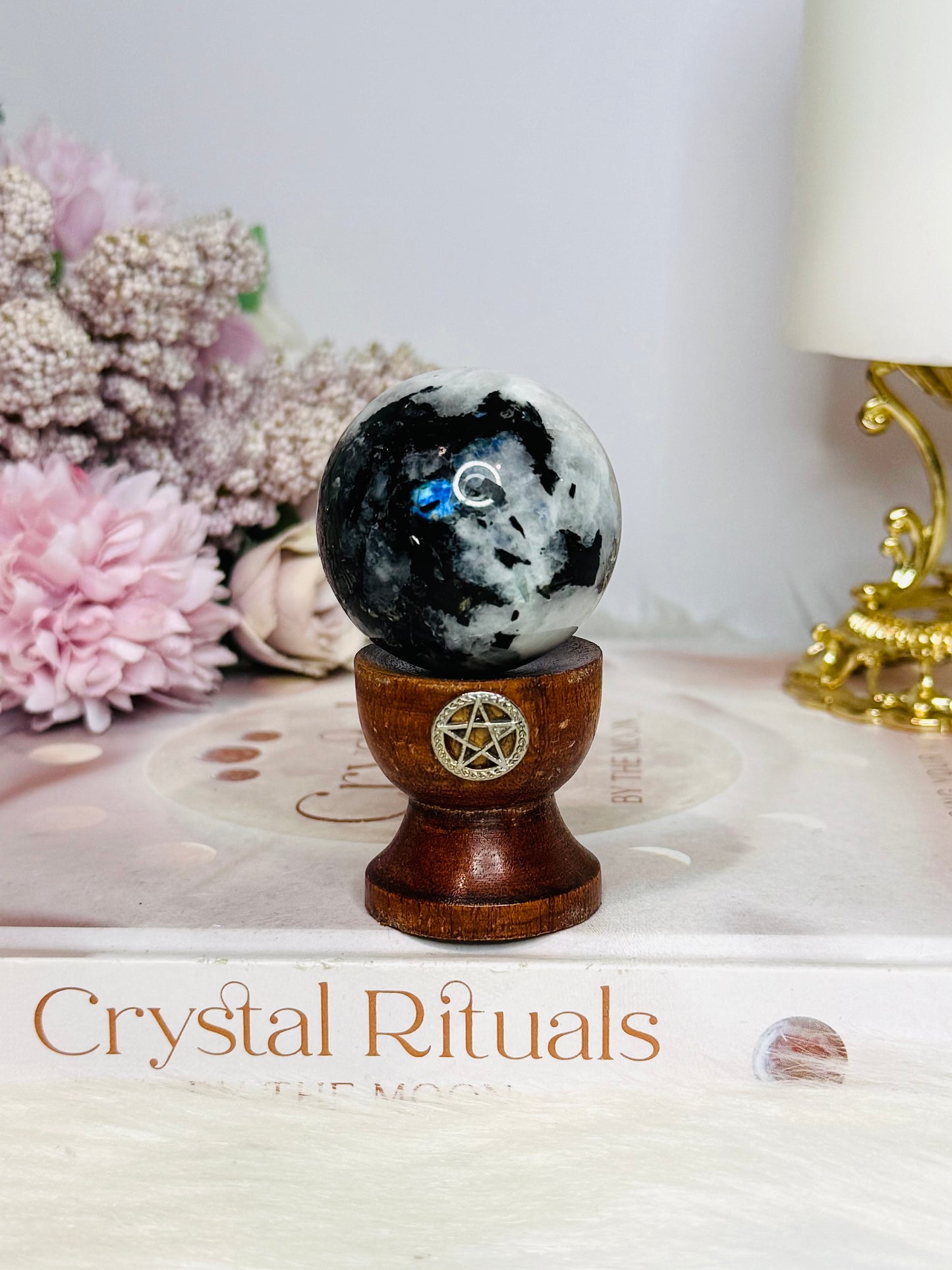 Rainbow Moonstone Sphere with Blue Flash On Stand 8cm