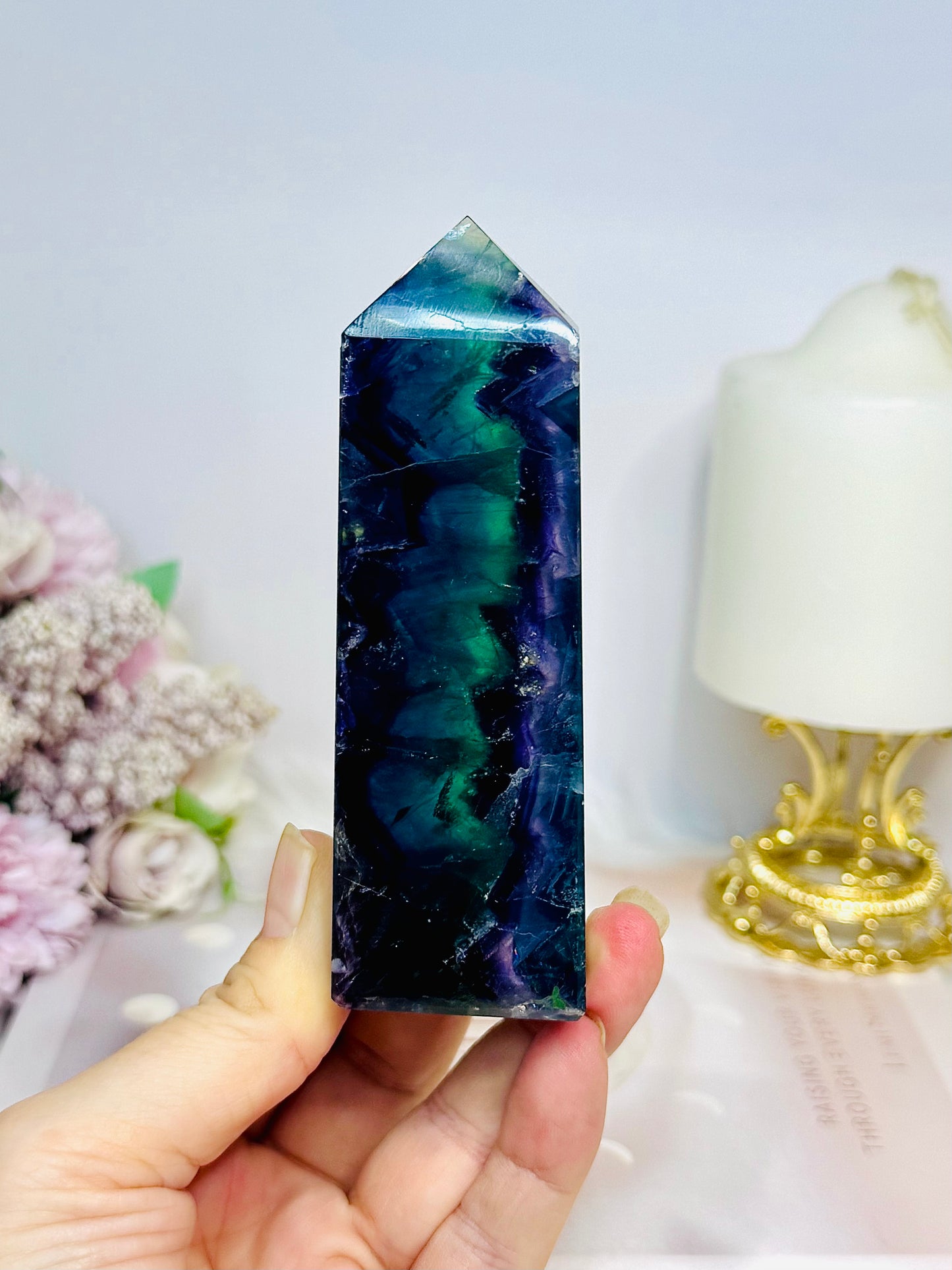 High Grade Rainbow Fluorite Tower 10.5cm