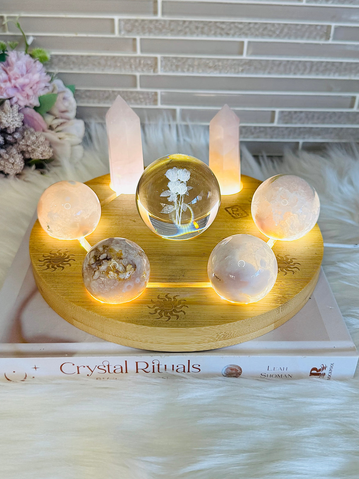 Feminine Energy ~ Large Light Stand 20cm with Glass Roses Sphere, 4 Pink Amethyst Spheres, 2 Rose Quartz Towers