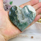Moss Agate Druzy Heart 8cm On Stand