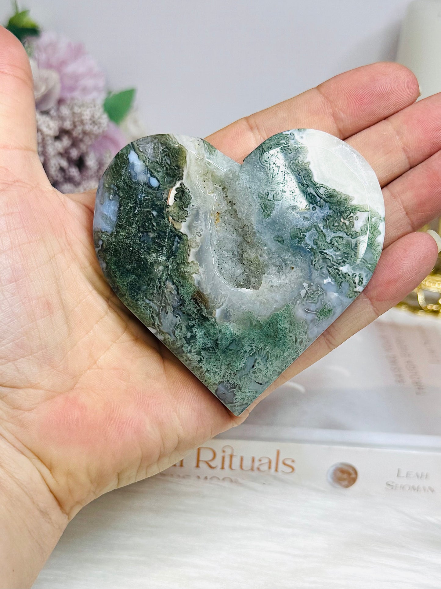 Moss Agate Druzy Heart 8cm On Stand