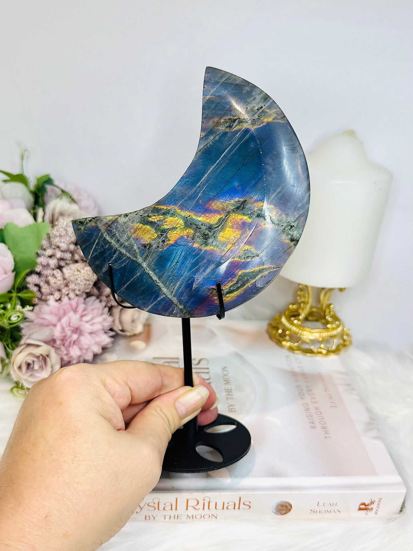 High Grade Large Labradorite Carved Moon Full of Flash 19.5cm