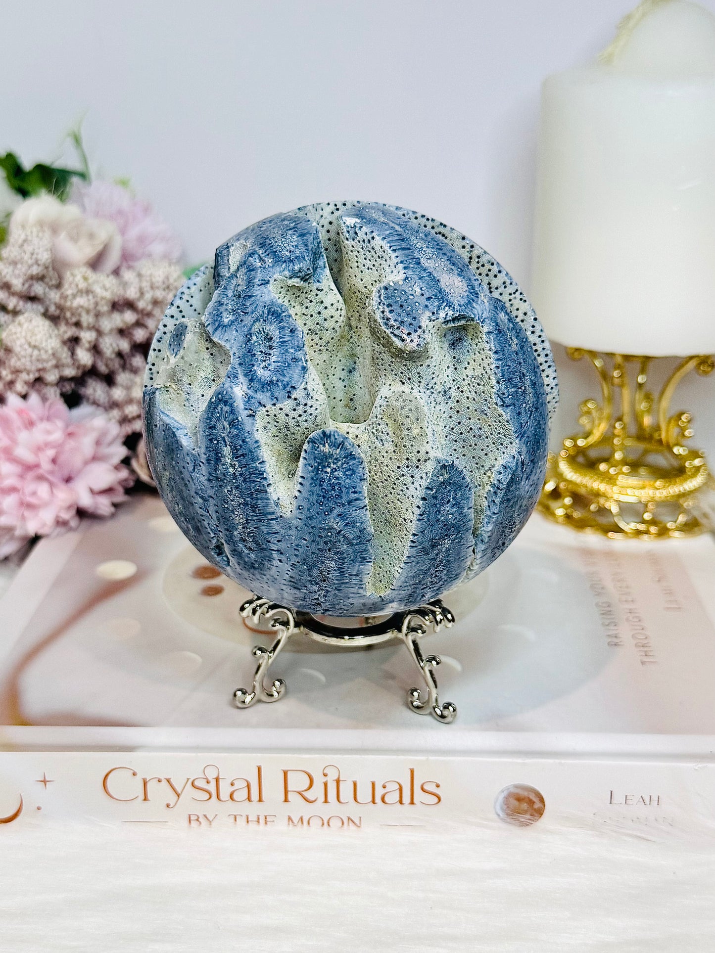 Rare Natural Large Blue Coral Fossil Sphere 732g