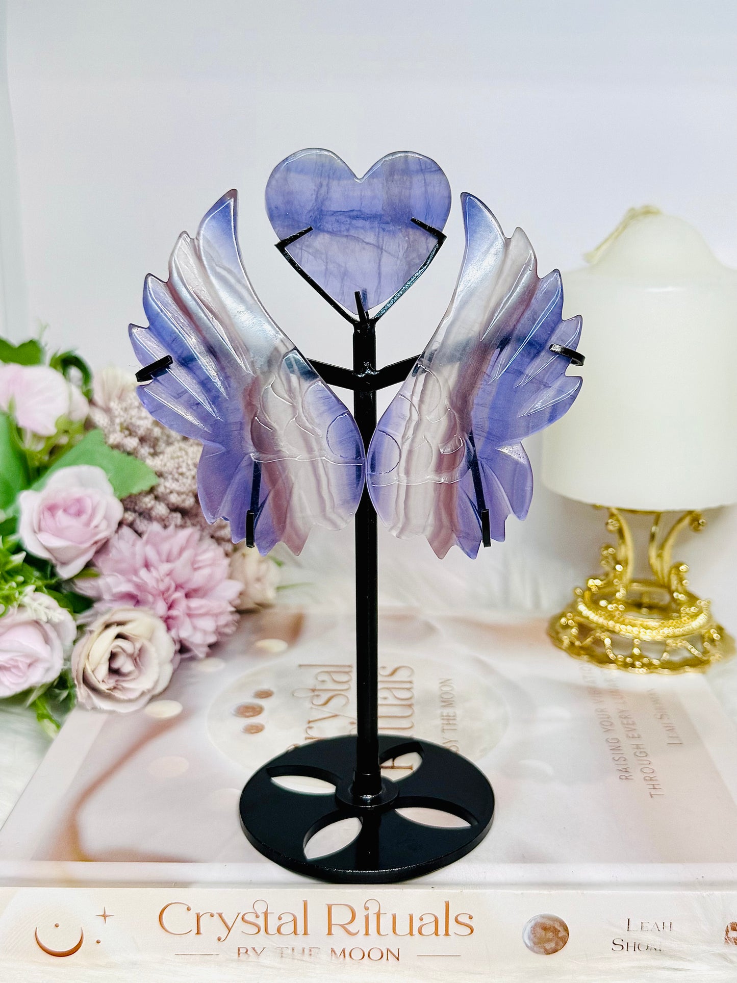 Purple Fluorite Heart with Angel Wings On Stand 17cm