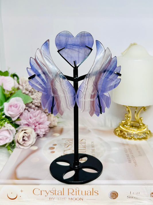 Purple Fluorite Heart with Angel Wings On Stand 17cm