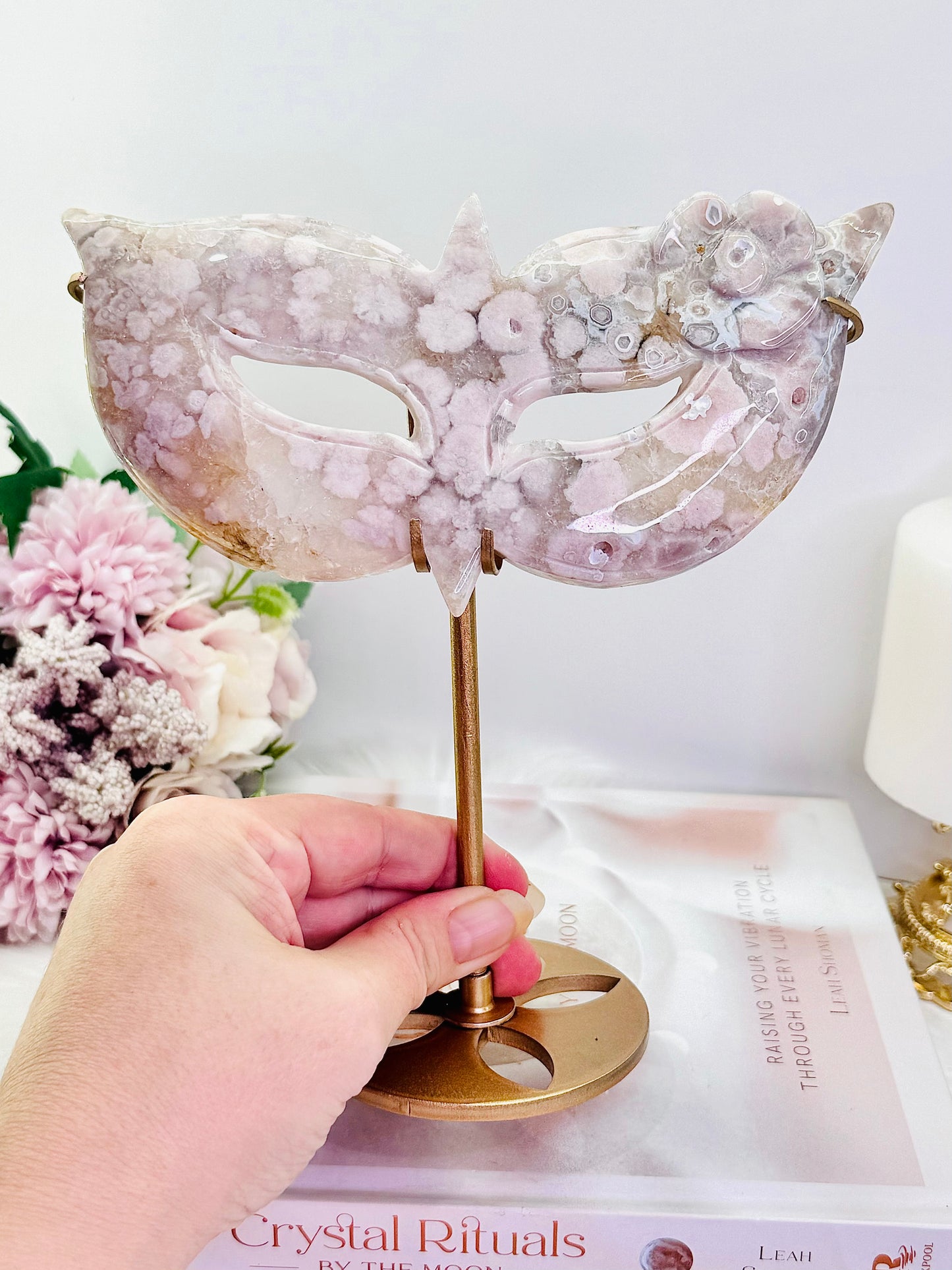 Classy & Fabulous ~ Exquisite Large 19cm (On Stand) Stunning Pink Flower Agate Perfectly Carved Mask On Gold Stand