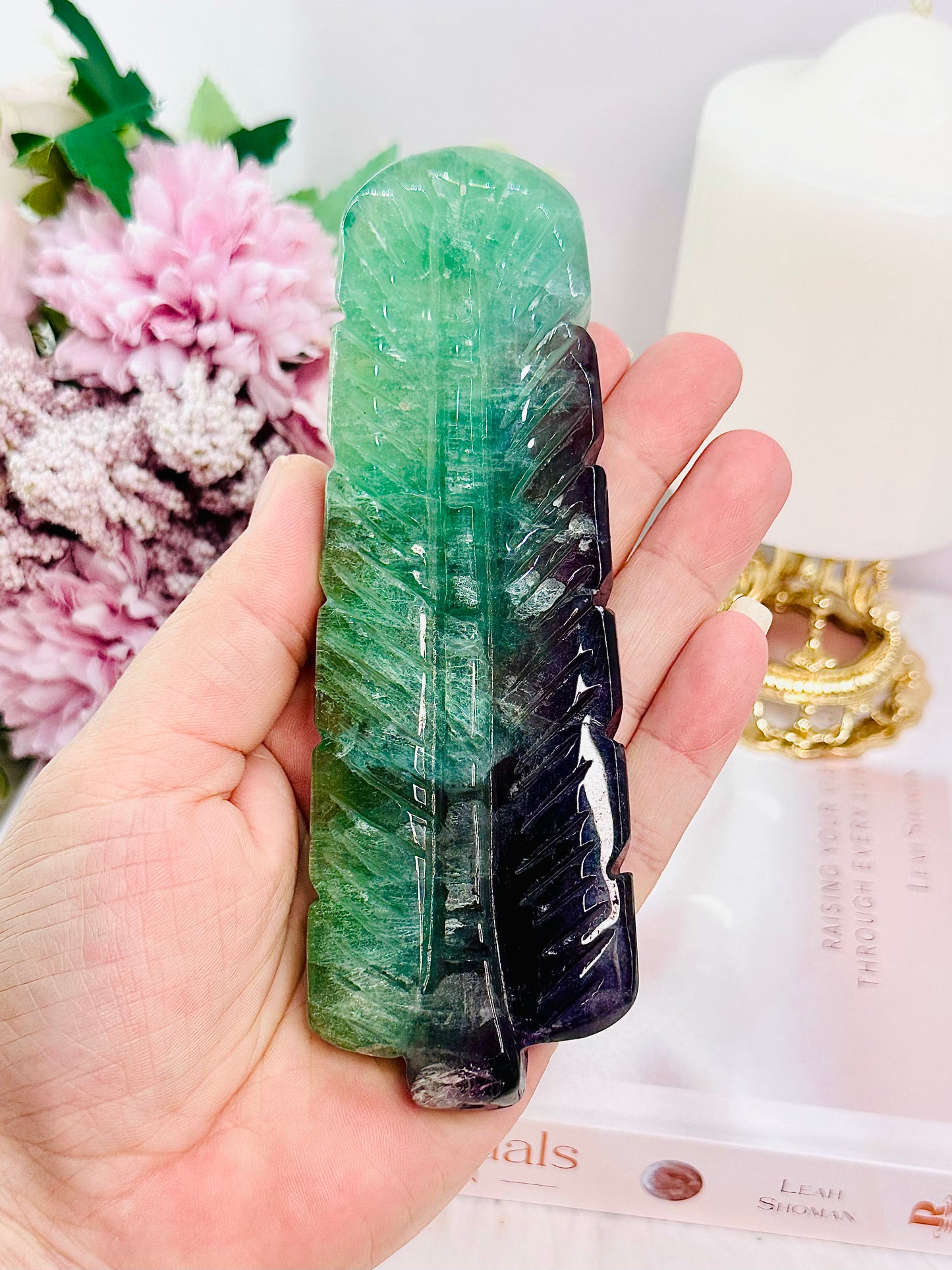 Beautiful Green Fluorite Carved Feather 14.5cm