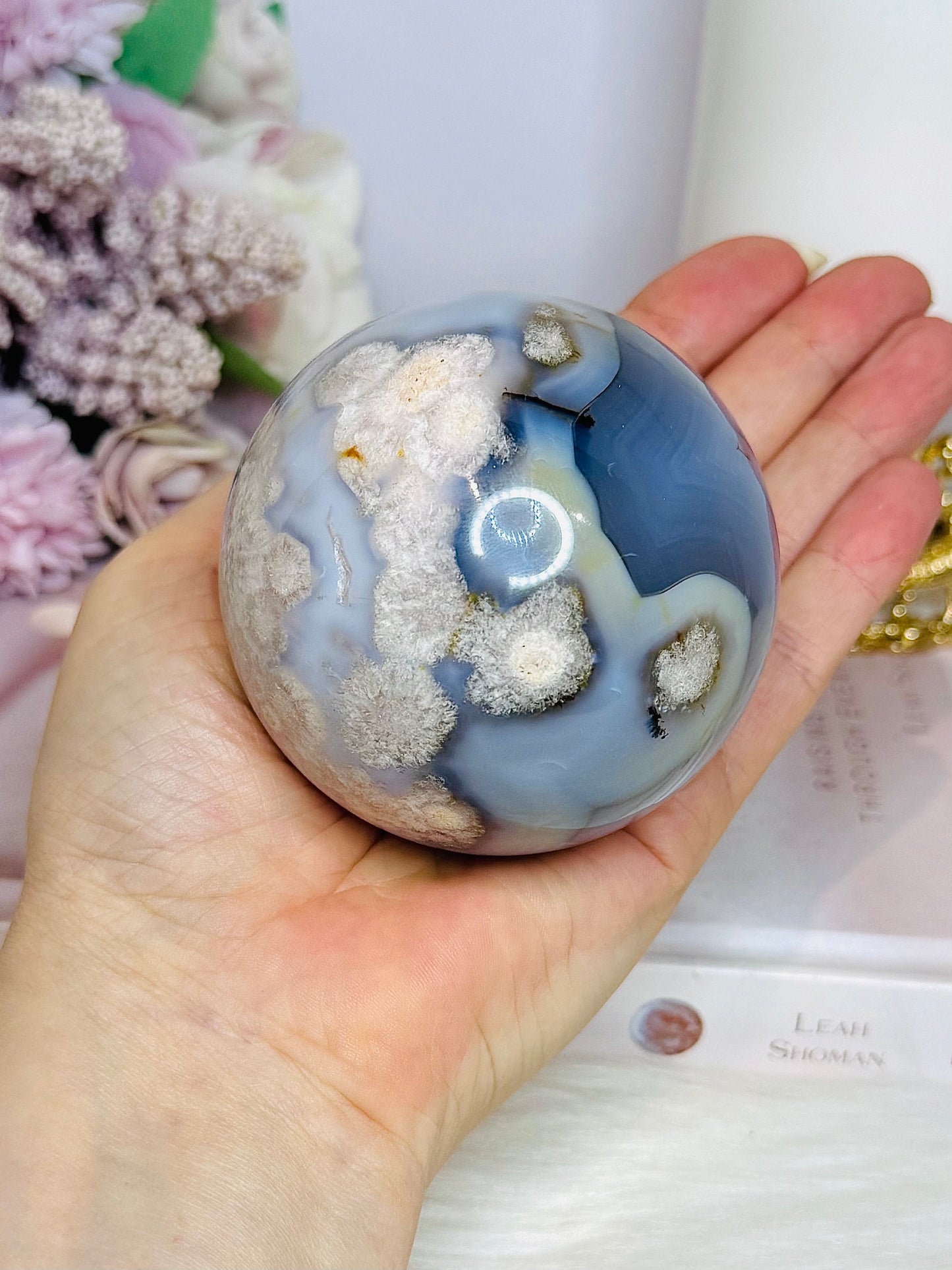 Blue Flower Agate Large Sphere 489g On Stand