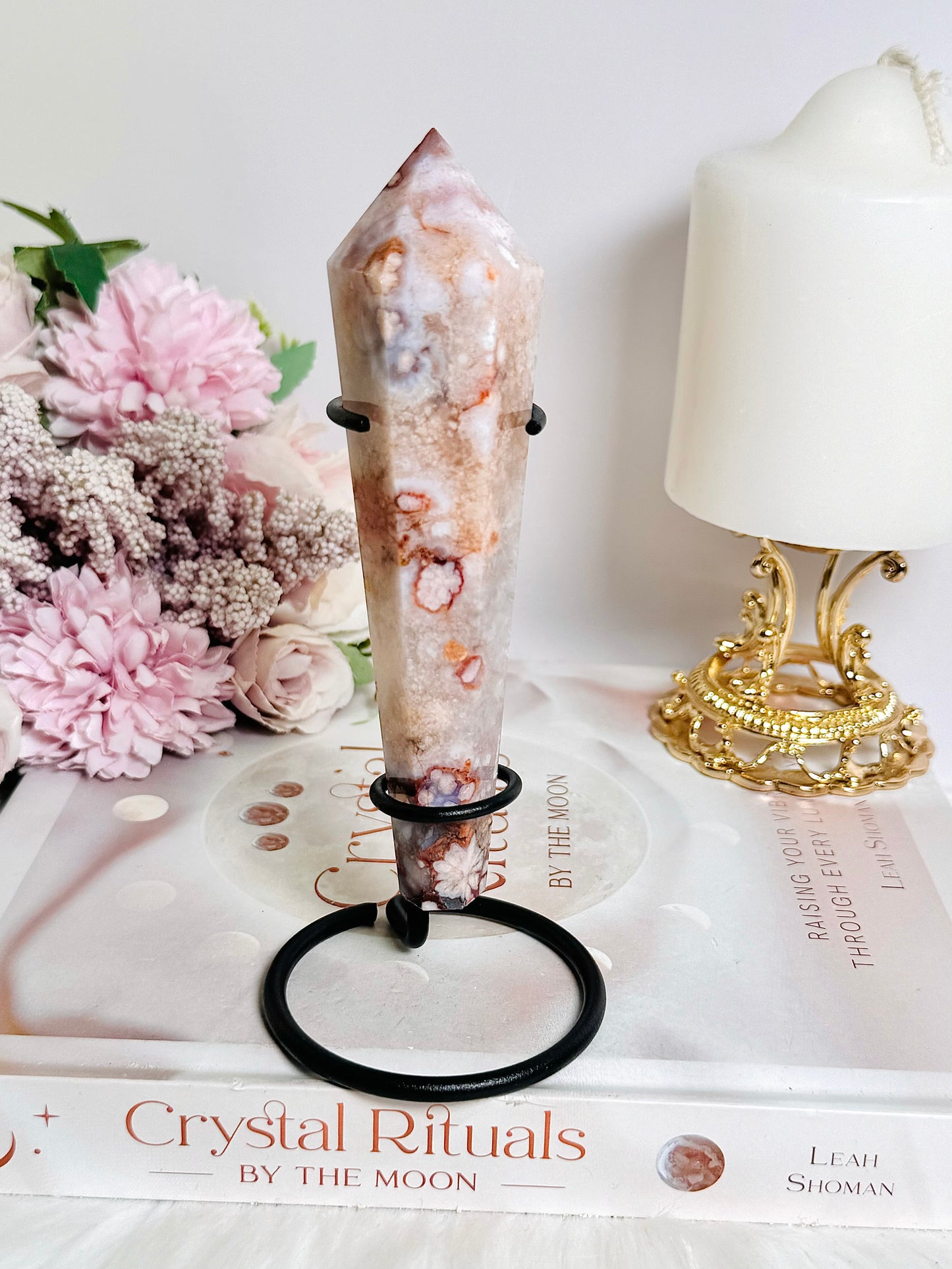 Beautiful Flower Agate Carved Wand On Stand 15cm