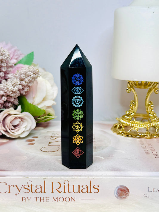 Black Obsidian Chakra Engraved Tower 10cm