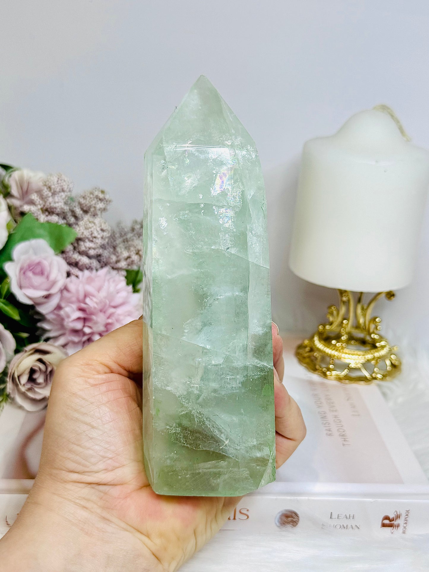 Large Green Fluorite Tower with Rainbows 15.5cm 650g
