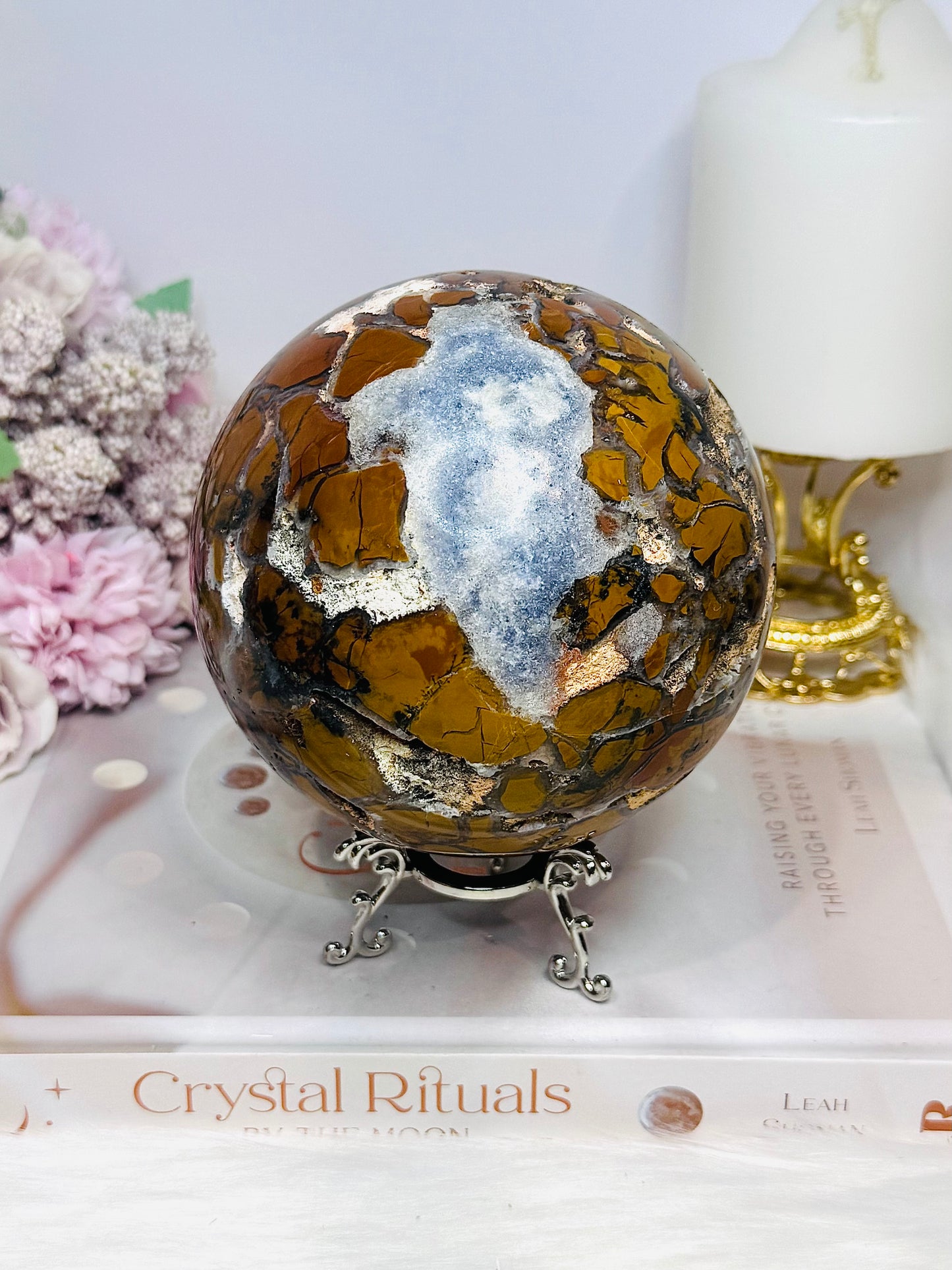 Large Brecciated Jasper Druzy Sphere On Stand 1.38KG