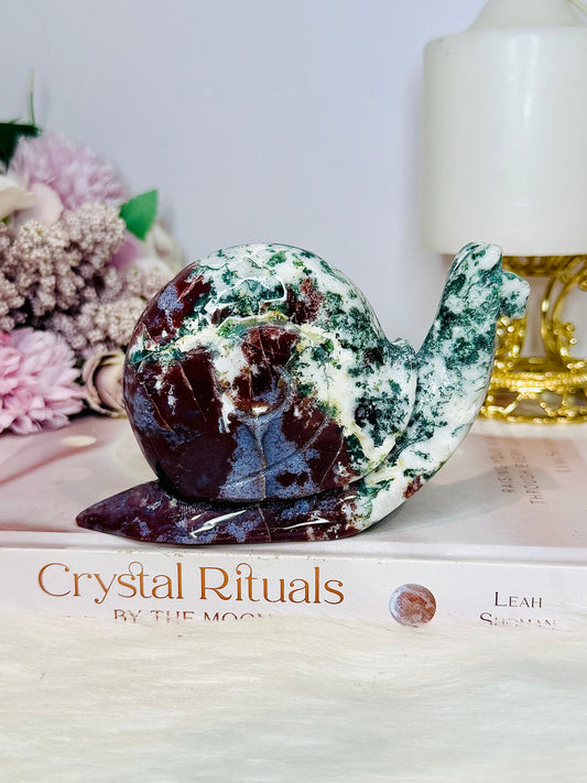 Red & Green Moss Agate Carved Large Snail 14cm