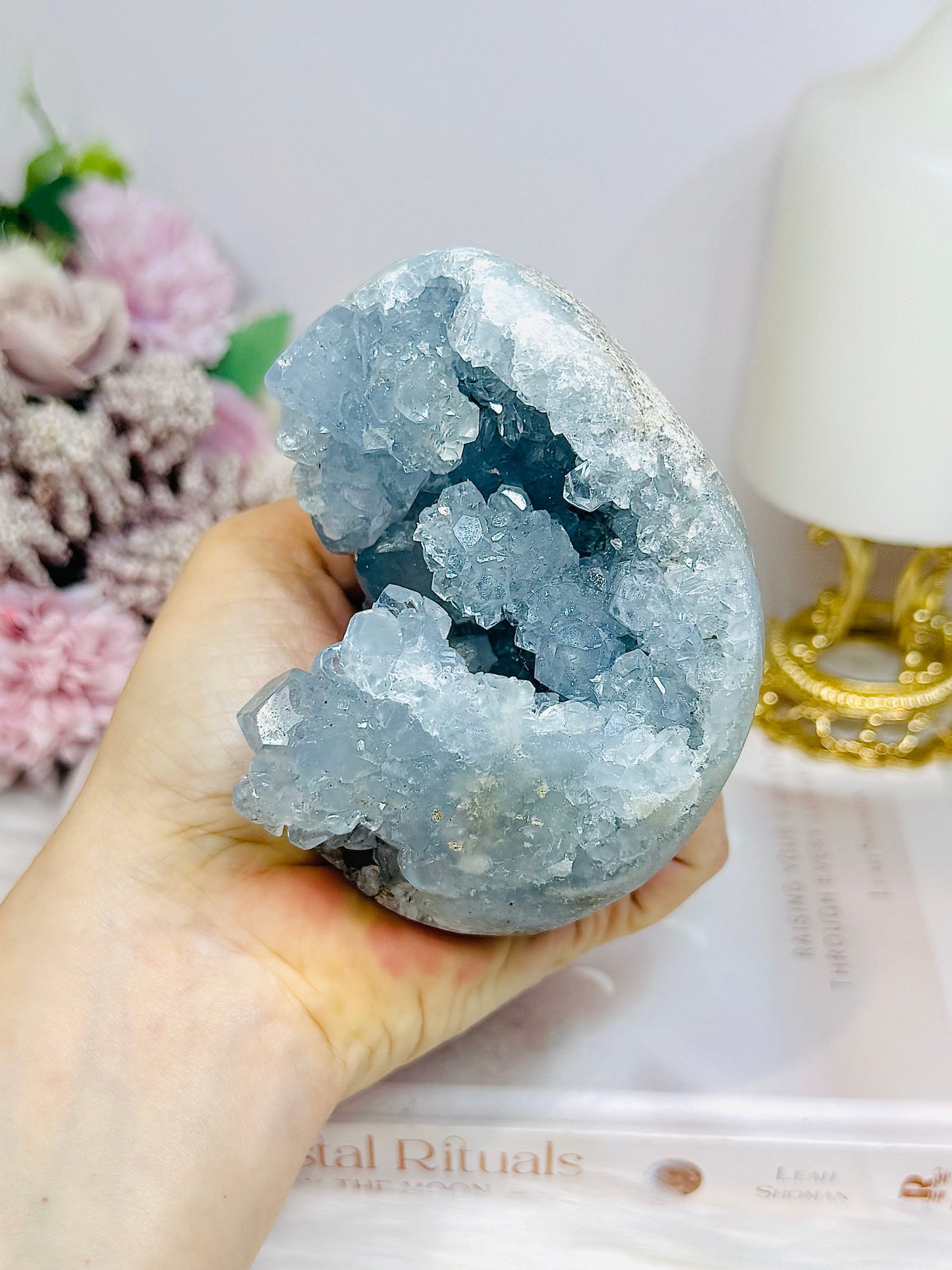 Blue Celestite Large Freeform Egg on Stand 9.5cm 720g