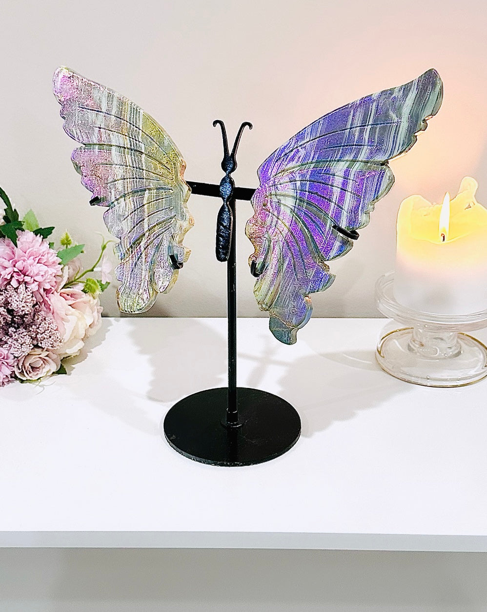 ⚜️ SALE ⚜️ WOWOWOWOW!!!! A Spectacular Piece!!!! Large 27cm (Inc Stand) Aura Calcite Butterfly Wings On Stand