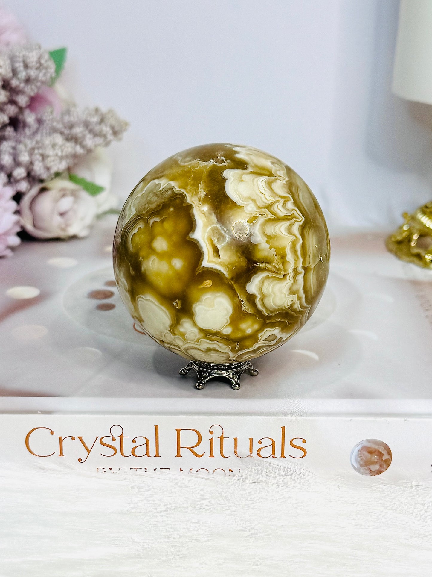 Large Amber Calcite Sphere on Stand 327g