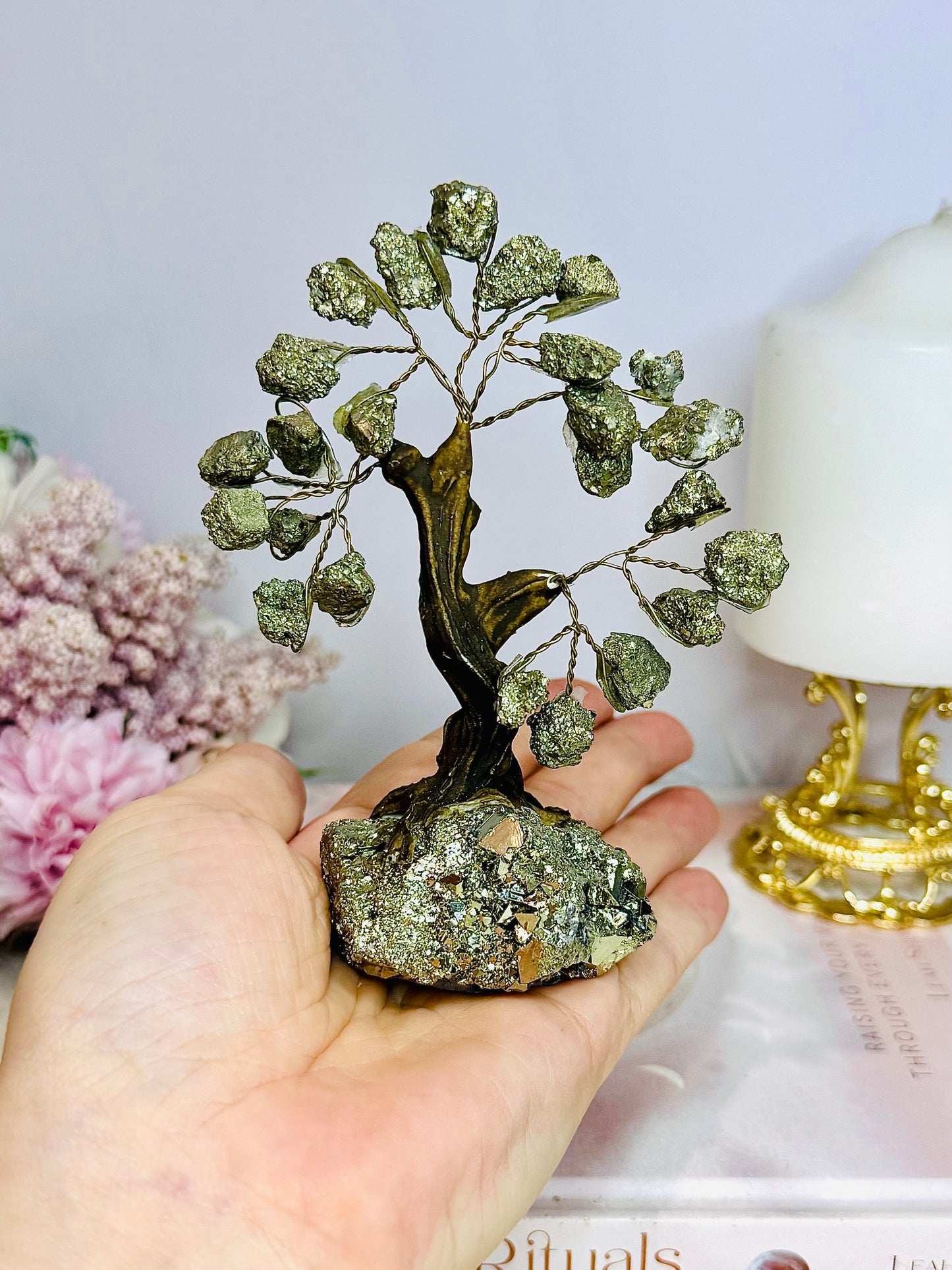 Natural Pyrite Carved Tree 14cm