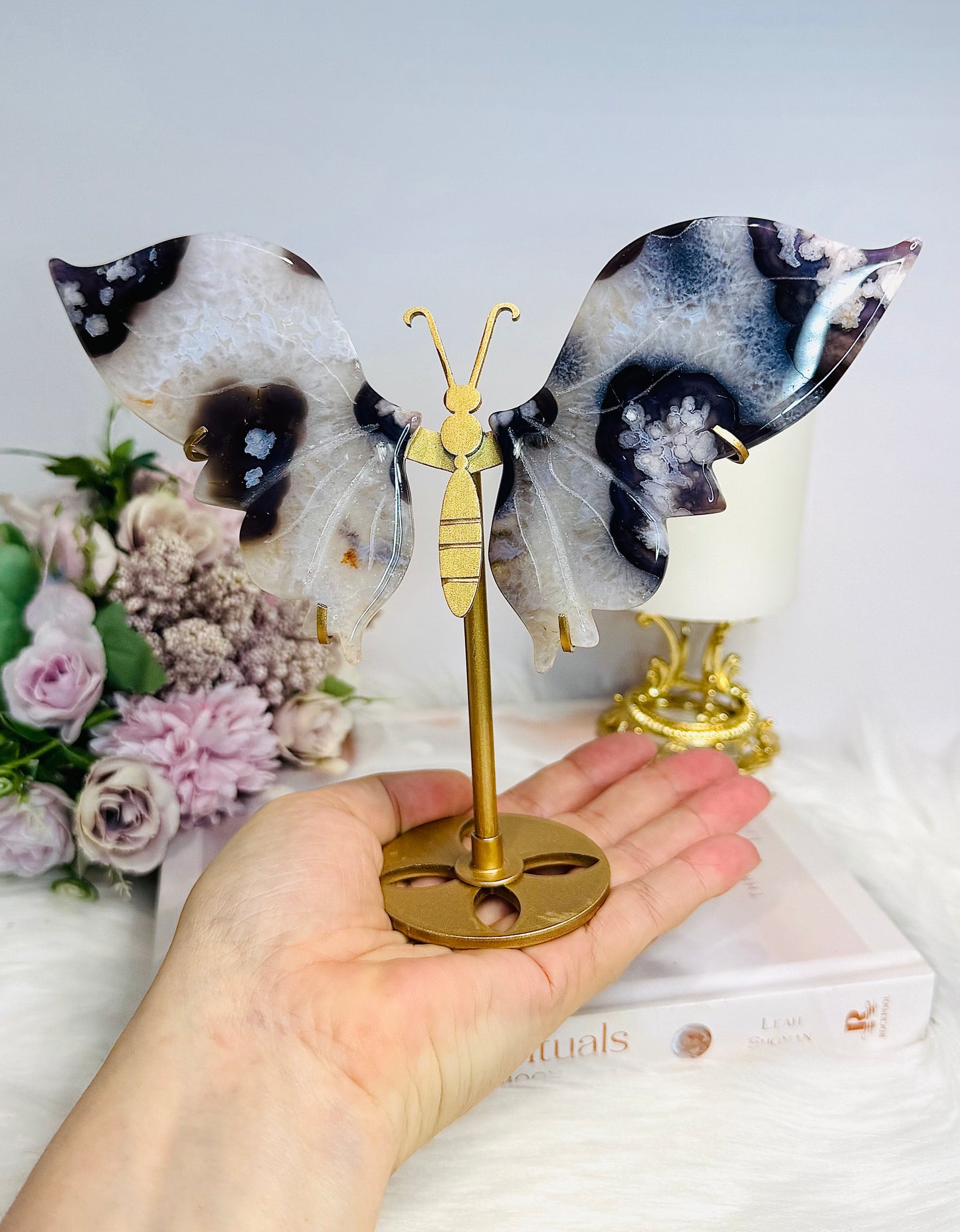 Black Flower Agate Butterfly Wings on Stand 15cm