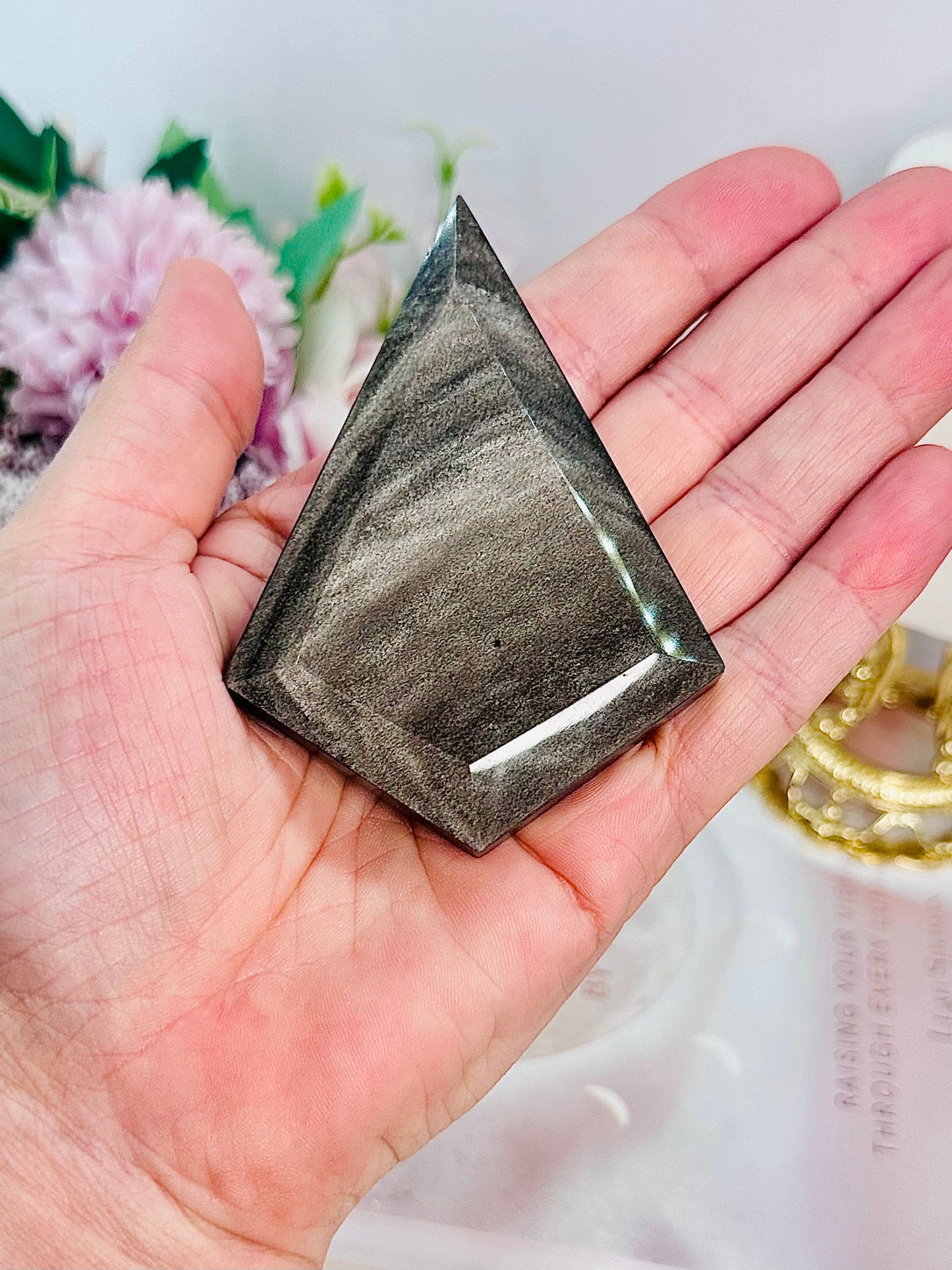 A Stone Of Clarity ~ Beautiful Silver Obsidian Diamond Carving on Silver Stand 15.5cm