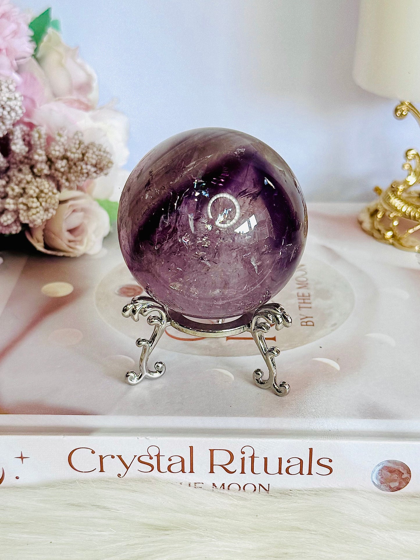 Incredible Phantom Amethyst Sphere with Rainbows 261grams On Stand