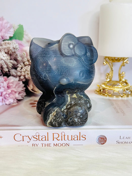 Large Volcanic Agate Carved Hello Kitty 646grams UV Reactive