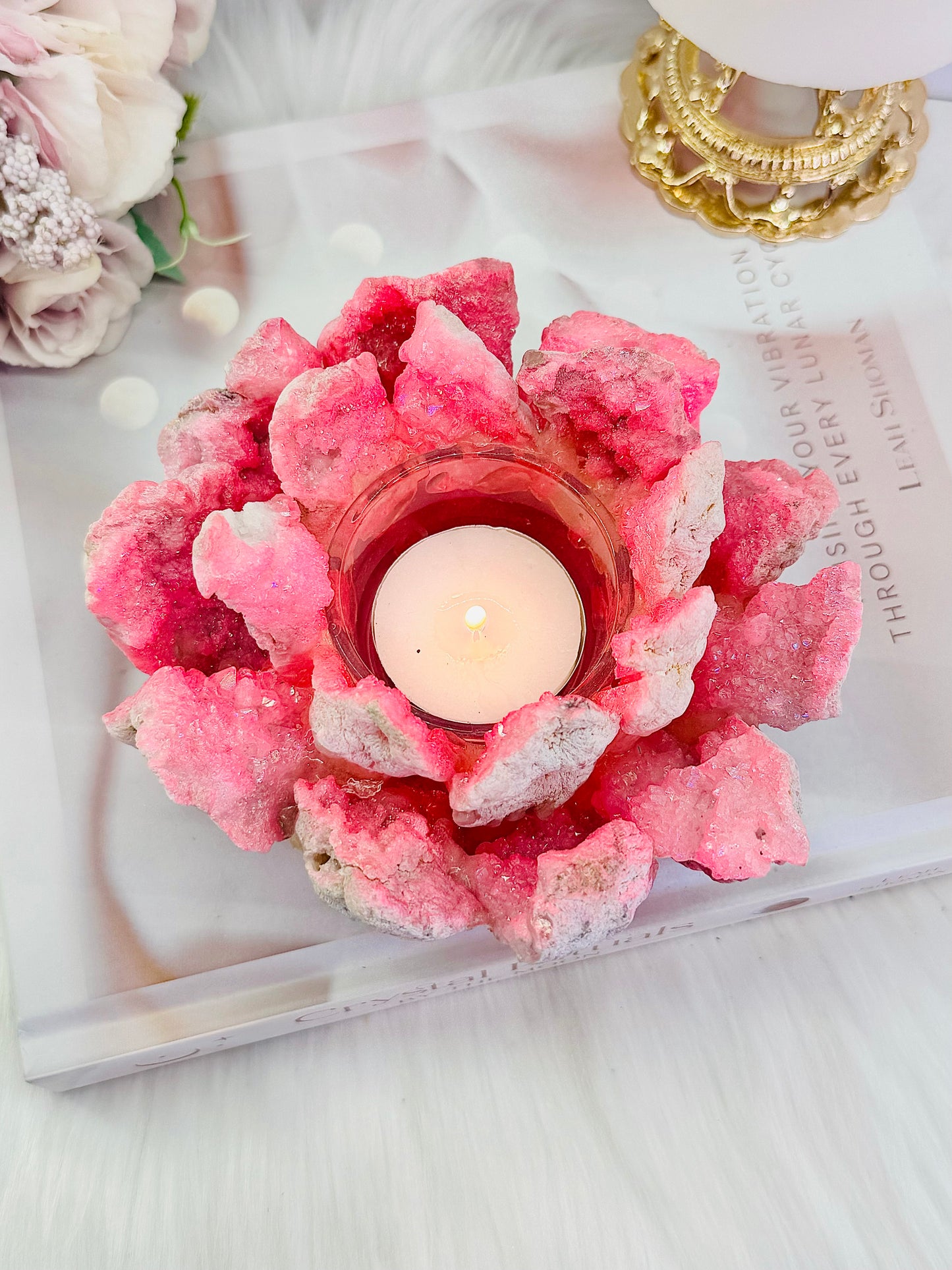 Gorgeous Large 719gram Bright Punk Pink (dyed) Quartz Candle Holder