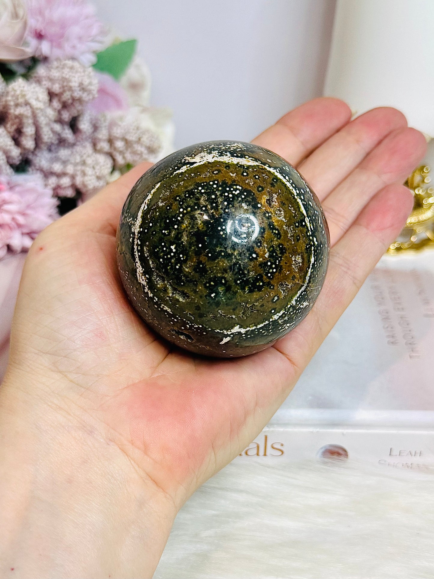 Large Orbicular Jasper Sphere 335g On Stand