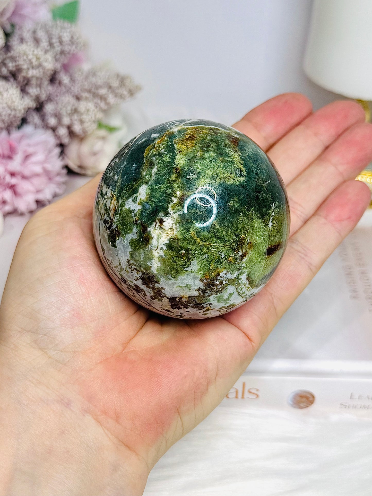 Druzy Moss Agate Sphere on Stand 428g