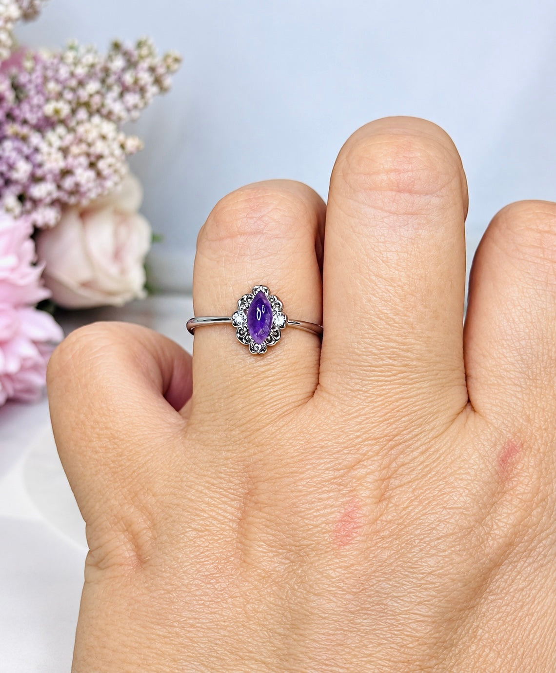Adjustable Silver Amethyst Ring in Gift Bag