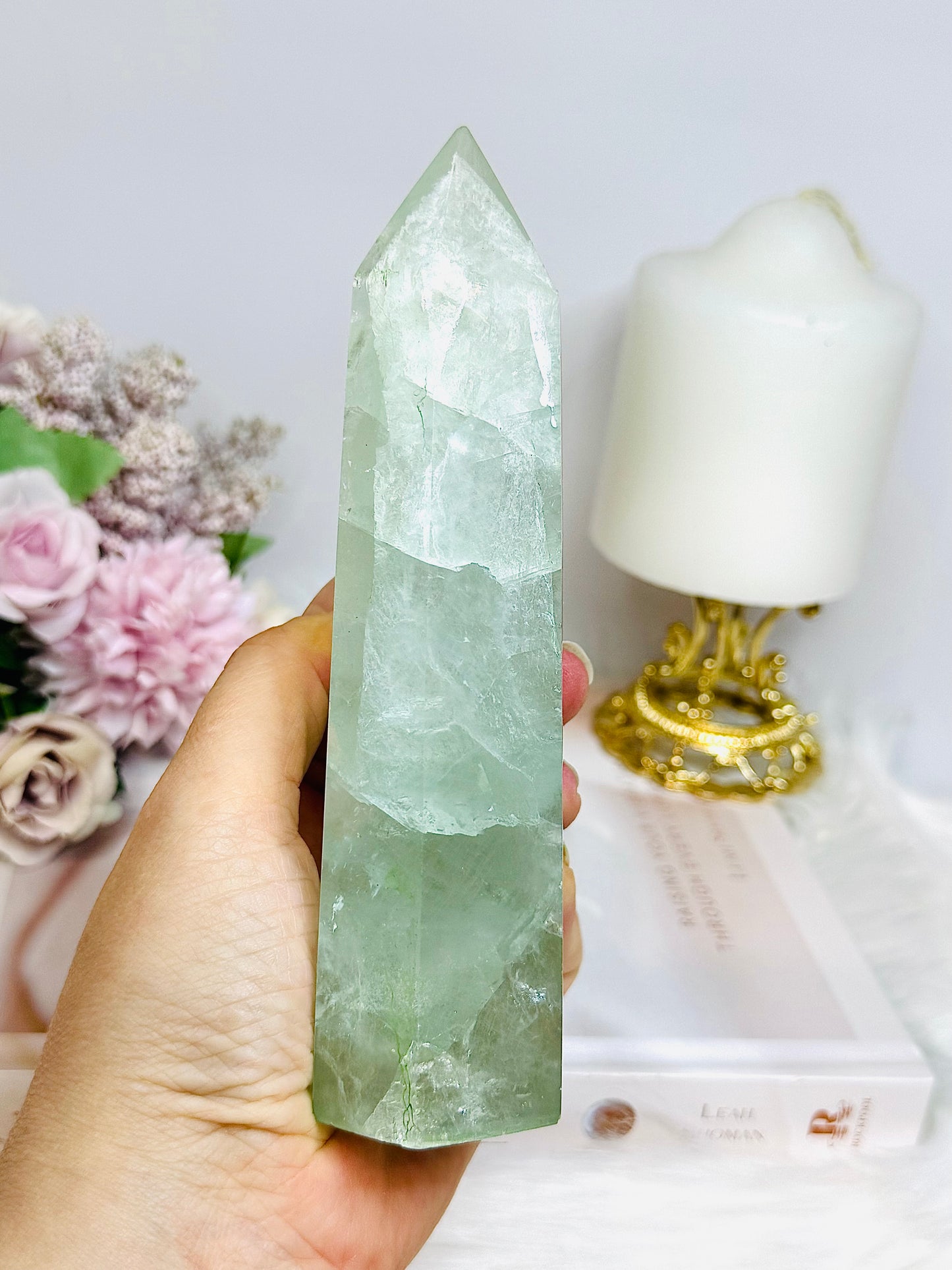 Large Green Fluorite Tower with Rainbows 15.5cm 650g