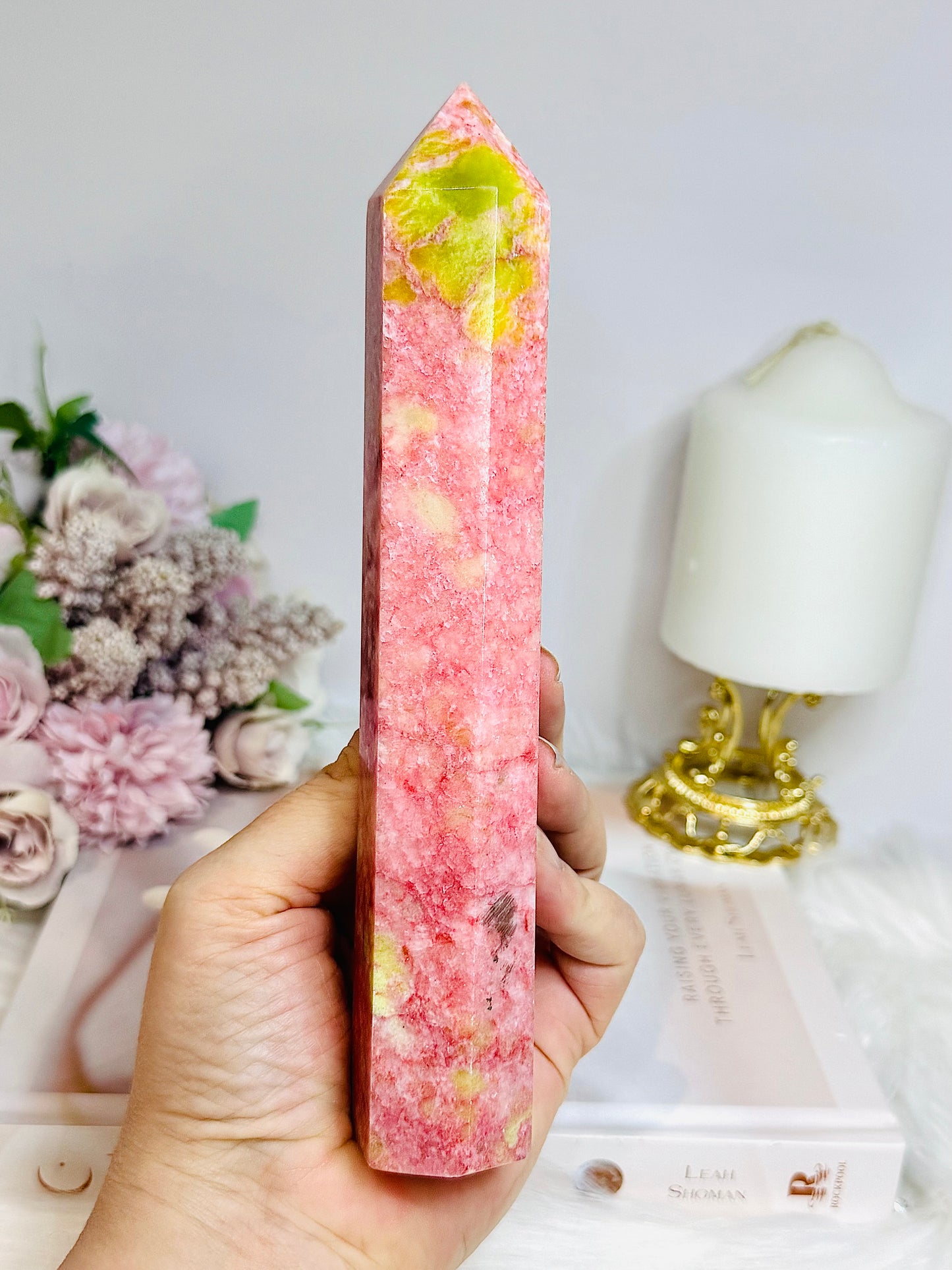 Rare Large Thulite Tower with Epidote Inclusions 19cm