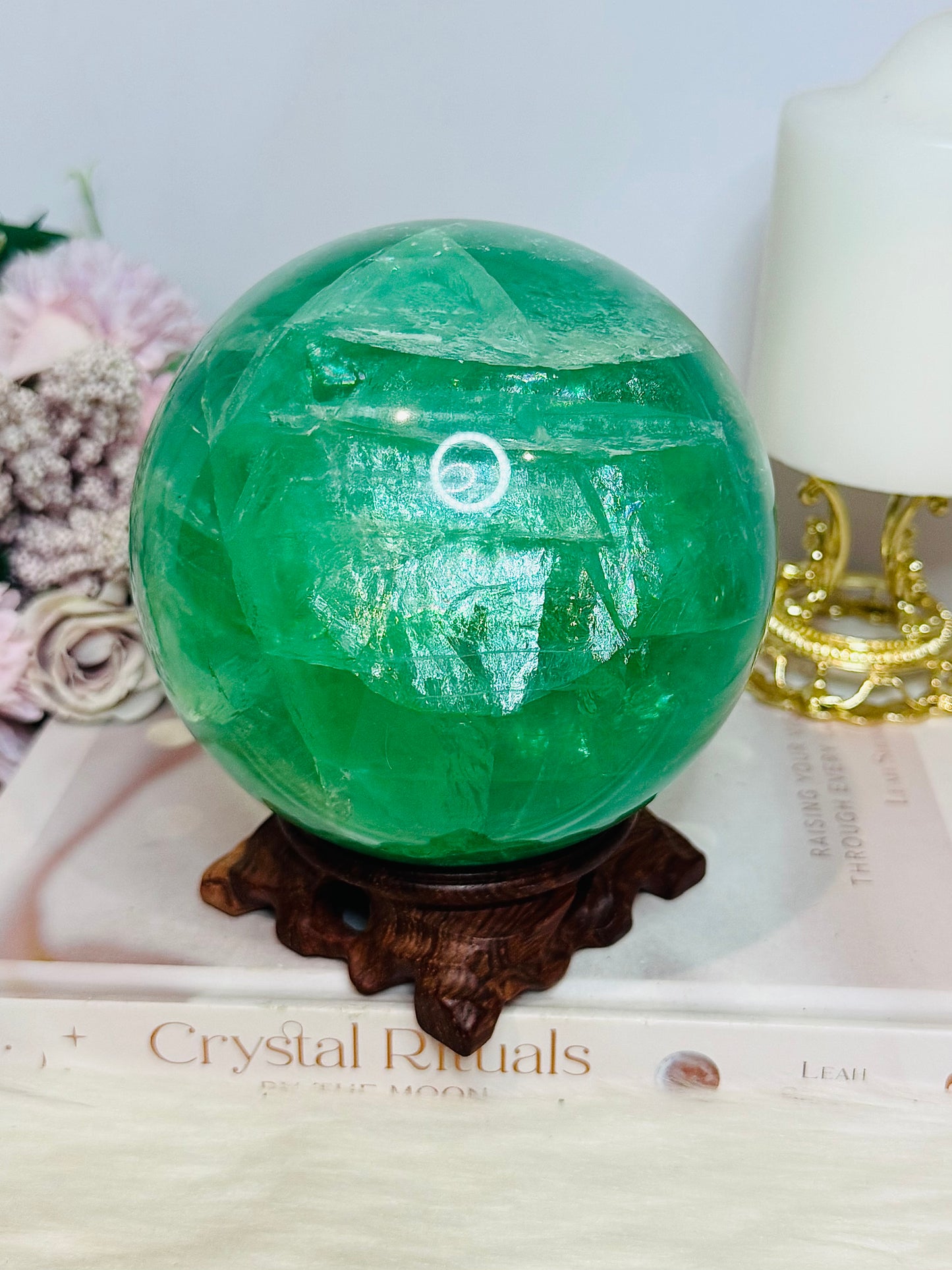 Huge High Grade Green Fluorite Sphere with Rainbows on Stand 2.4KG