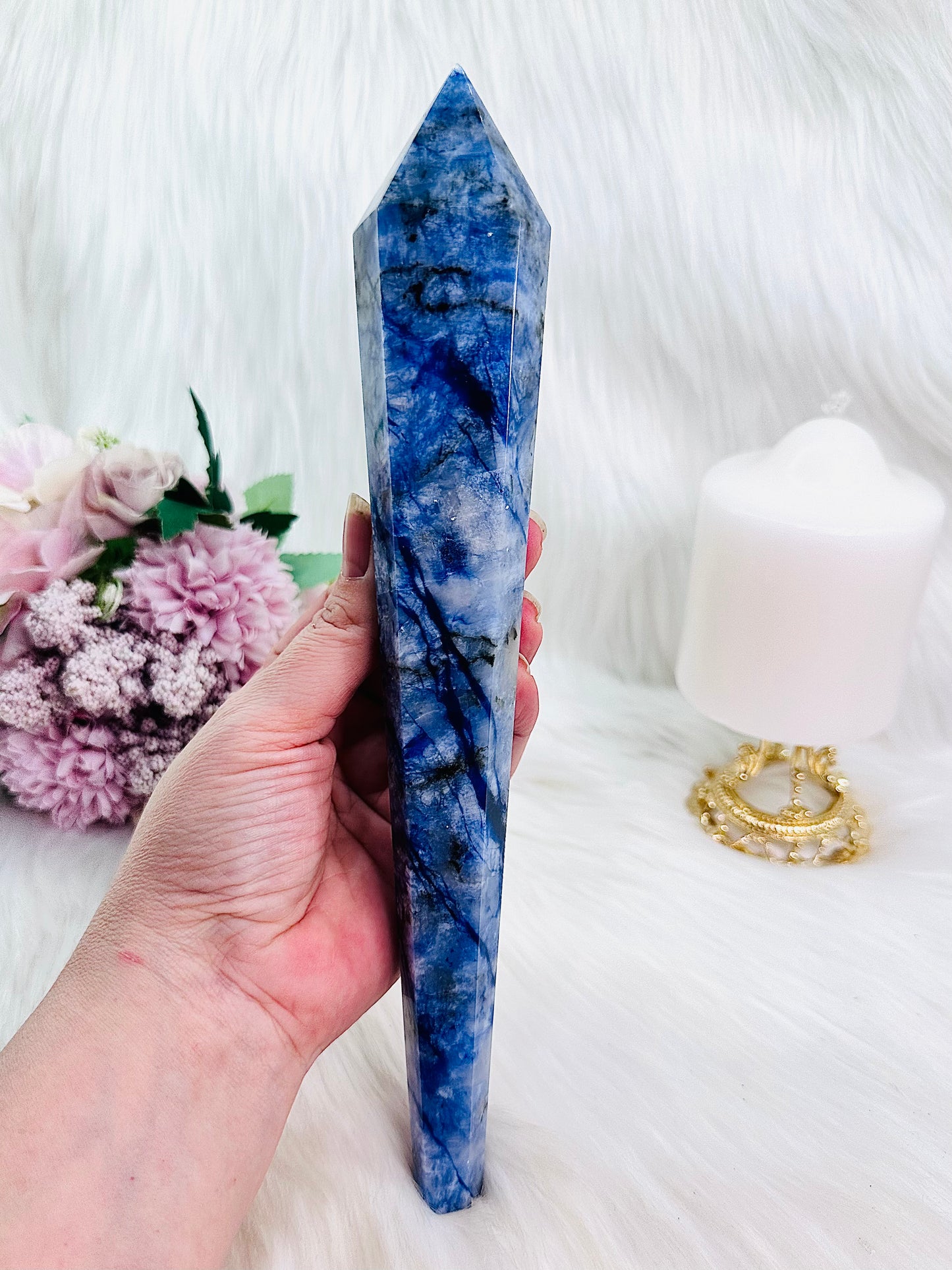 Classy & Absolutely Fabulous Huge 33cm Blue Sodalite Tower | Wand On Gold Stand