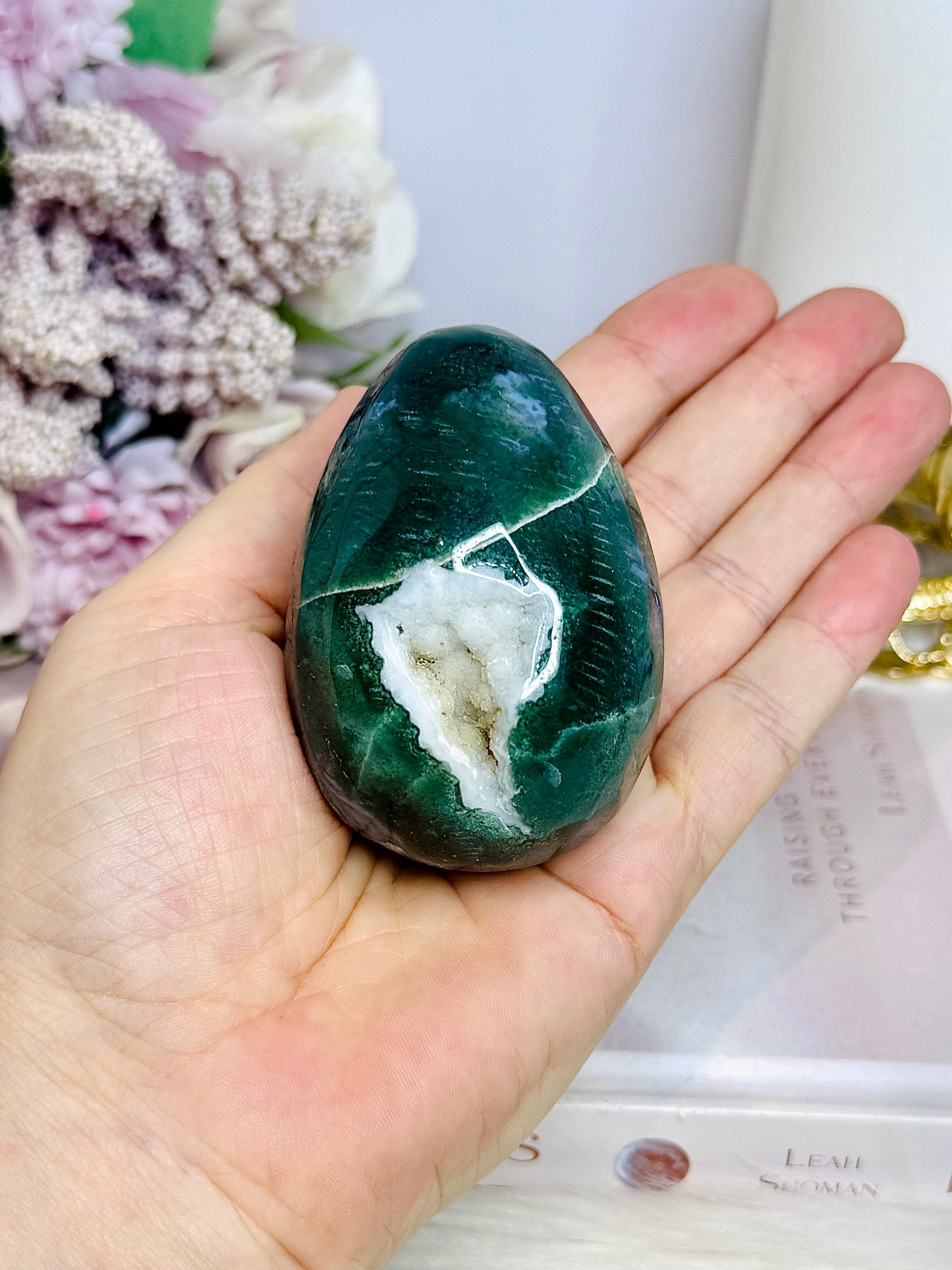 Moss Agate Druzy Carved Egg On Stand 7cm