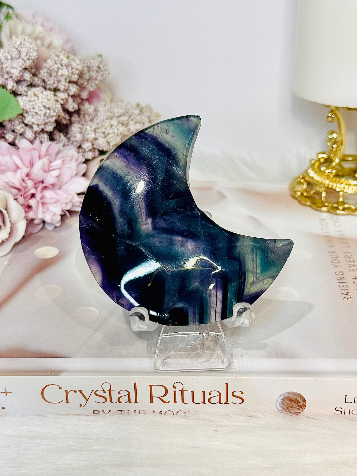 Rainbow Fluorite Moon On Stand 8cm
