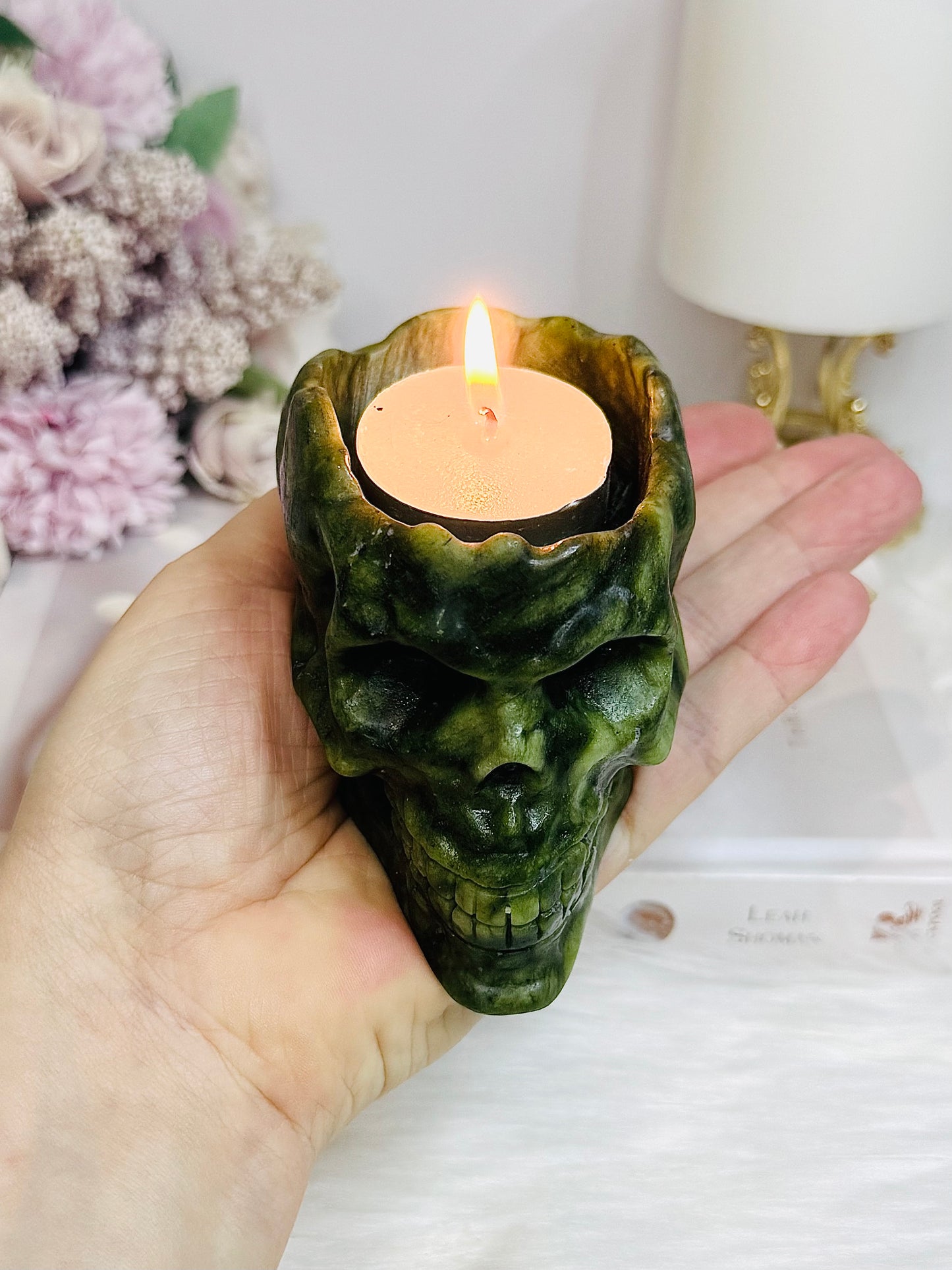 Green Jade Candle Holder Skull 391g