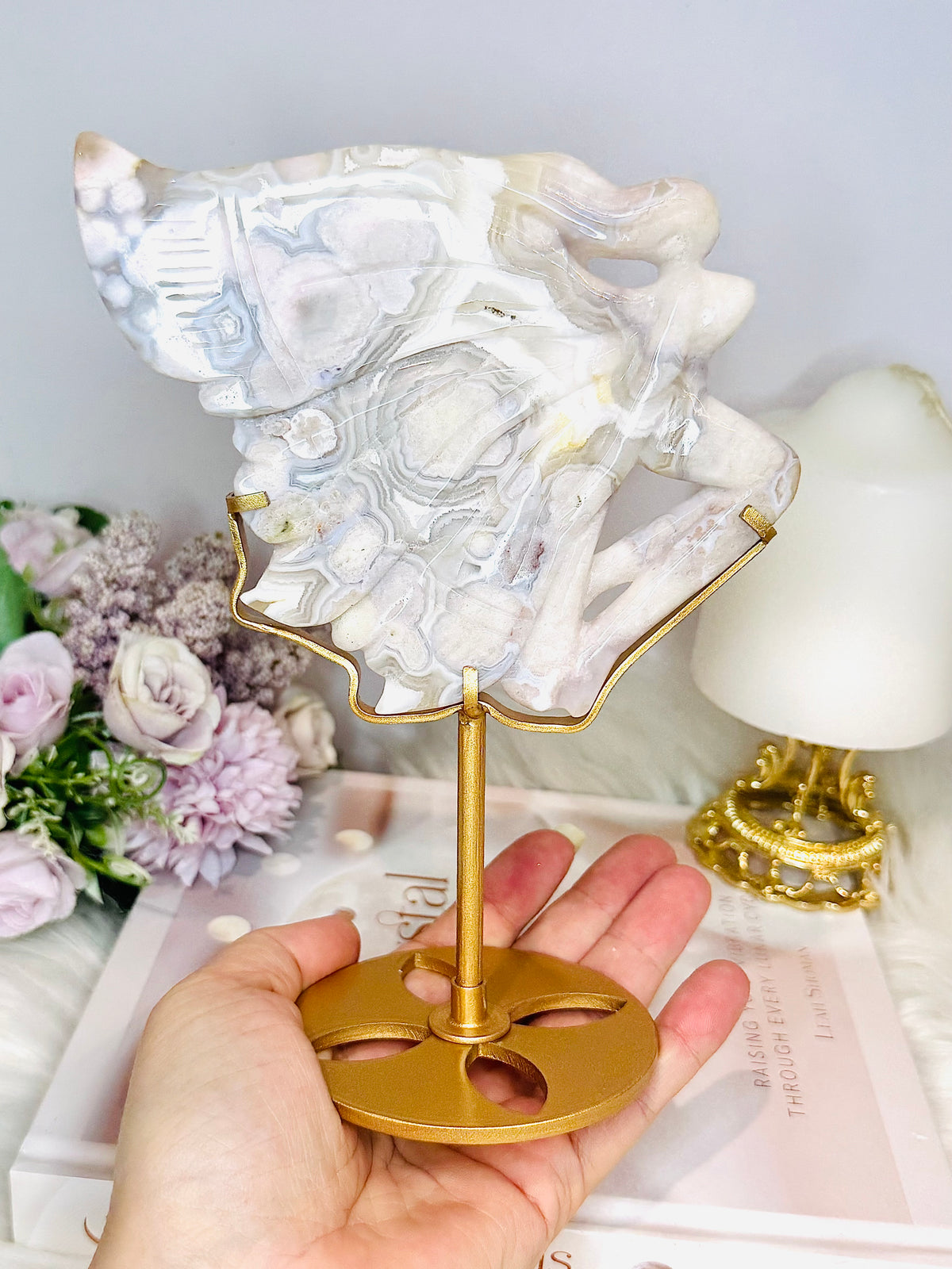 High Grade Flower Agate Fairy | Angel on Stand 19cm
