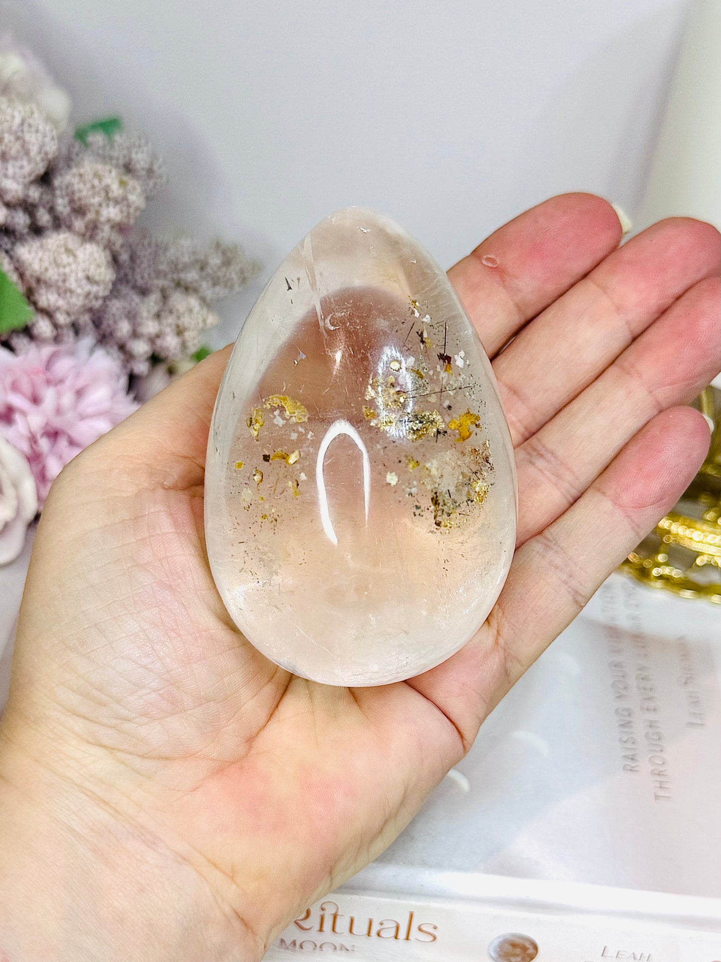 Large Clear Quartz Egg with Inclusions On Stand 7cm